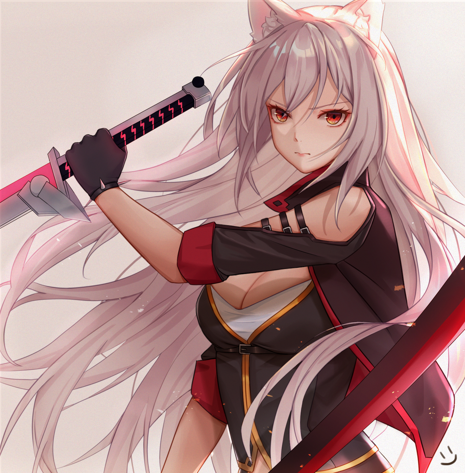 Anime 1569x1597 anime girls Wei Xiao white hair weapon sword boobs cat ears red eyes