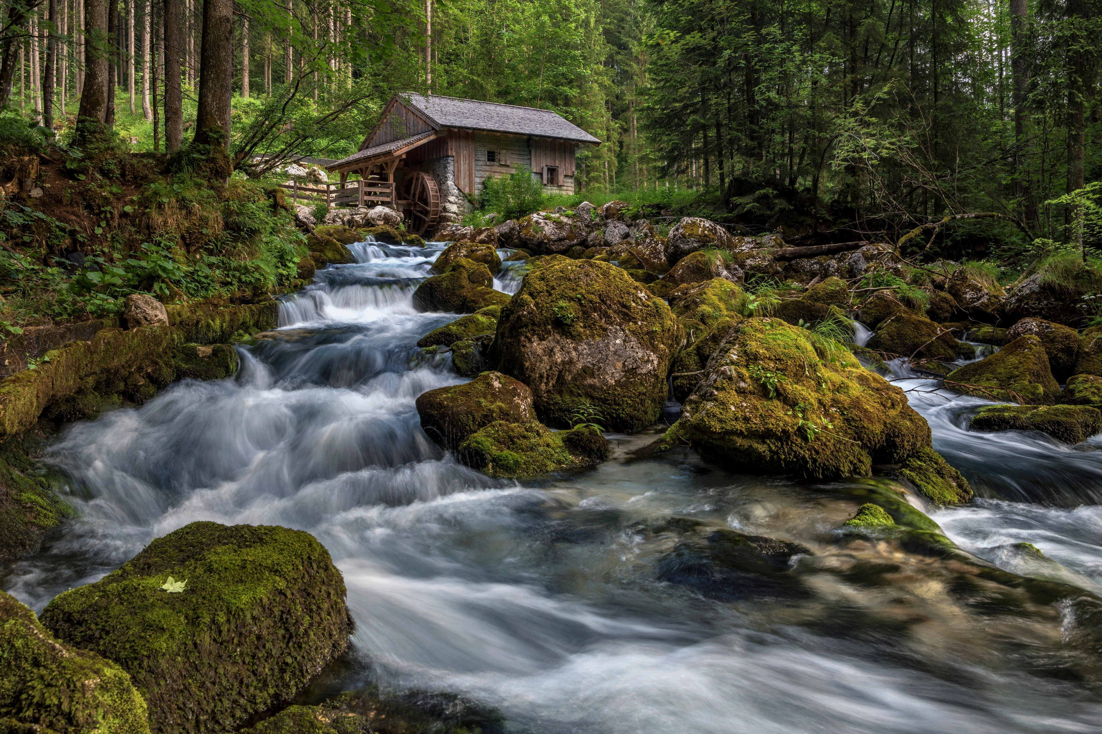 General 3840x2560 Austria nature stream forest stones moss watermills house