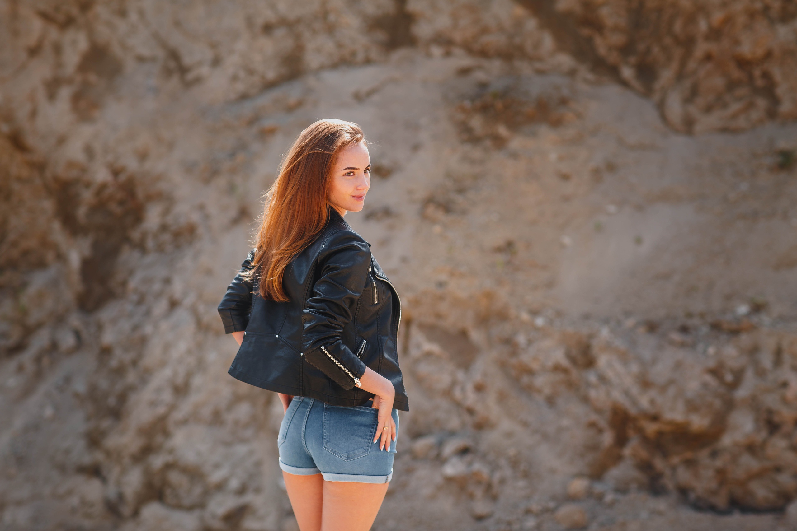 People 2560x1707 women outdoors model standing long hair women outdoors smiling redhead rear view leather jacket ass jean shorts blue shorts tight shorts shorts young women black jackets