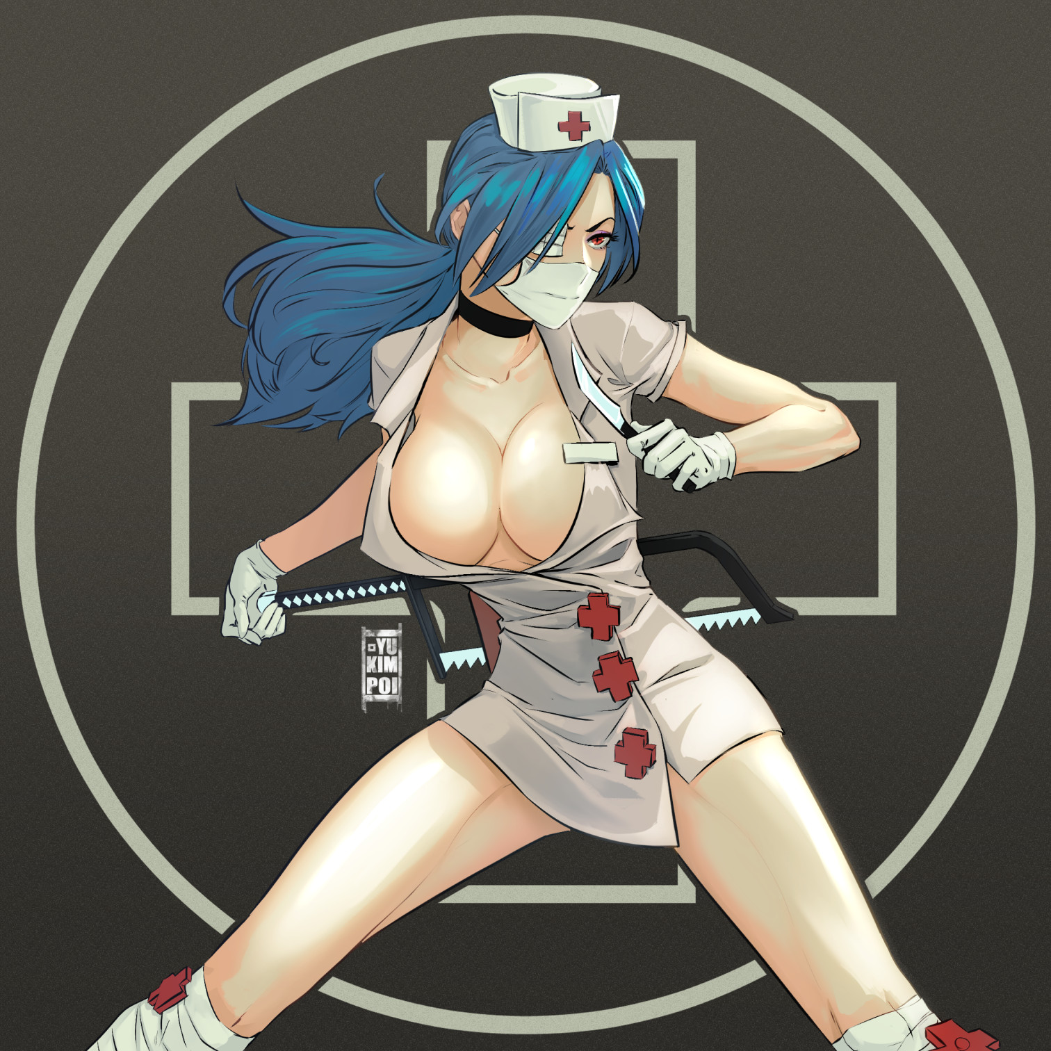 Anime 1512x1512 Skullgirls Valentine anime girls blue hair big boobs cleavage nurse outfit red eyes