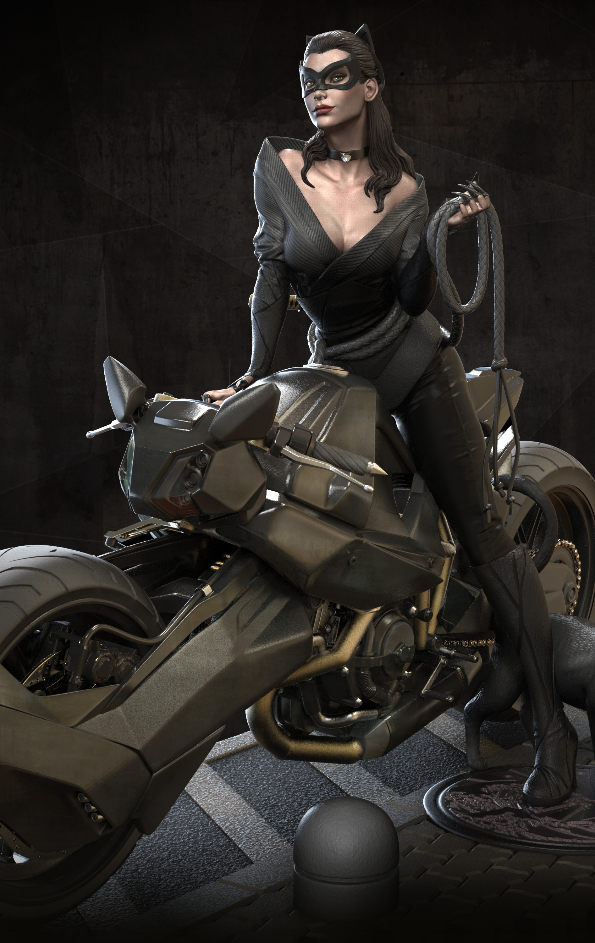 General 1893x3000 Marthin Agusta Batman vehicle motorcycle women with motorcycles mask ArtStation DC Comics Catwoman portrait display digital art collarbone long hair closed mouth lipstick red lipstick cleavage