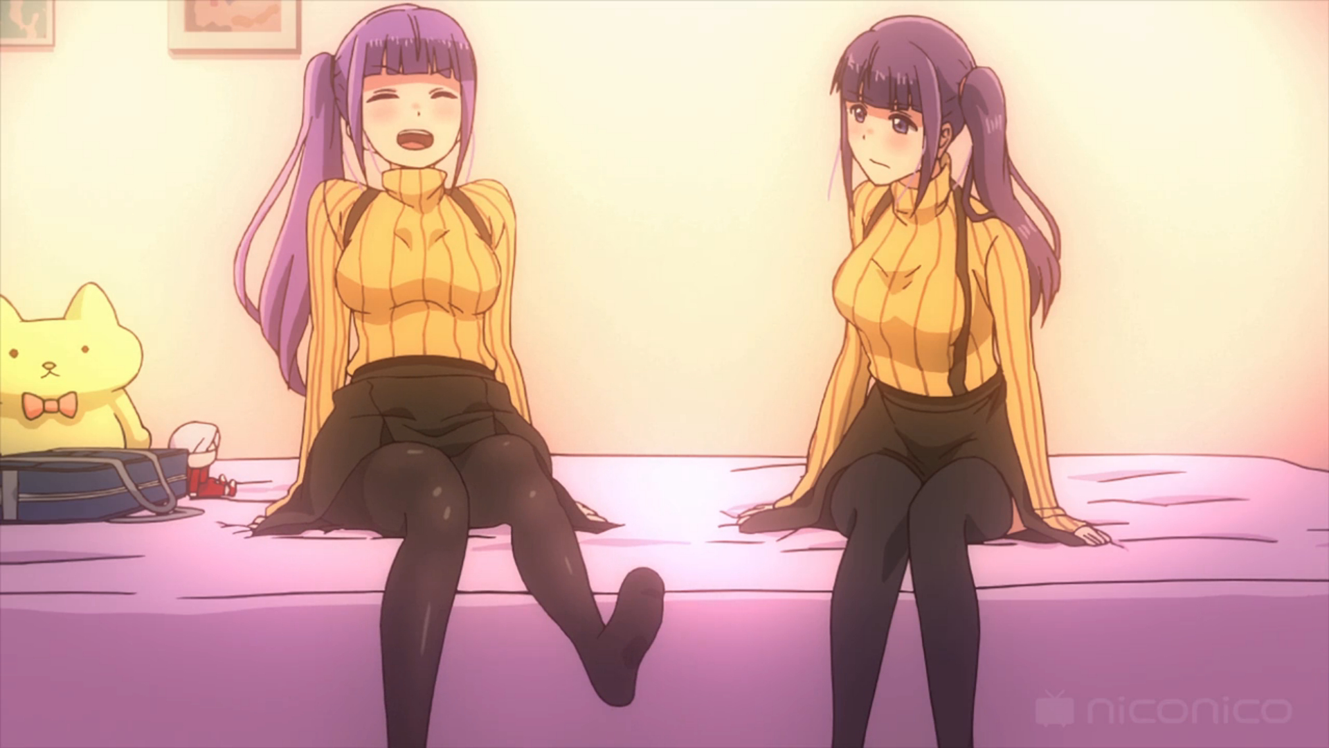Anime 1920x1080 anime anime screenshot anime girls twins purple hair Iya na Kao Sare Nagara Opantsu Misete Moraitai watermarked Futaba Kano Futaba Yuno