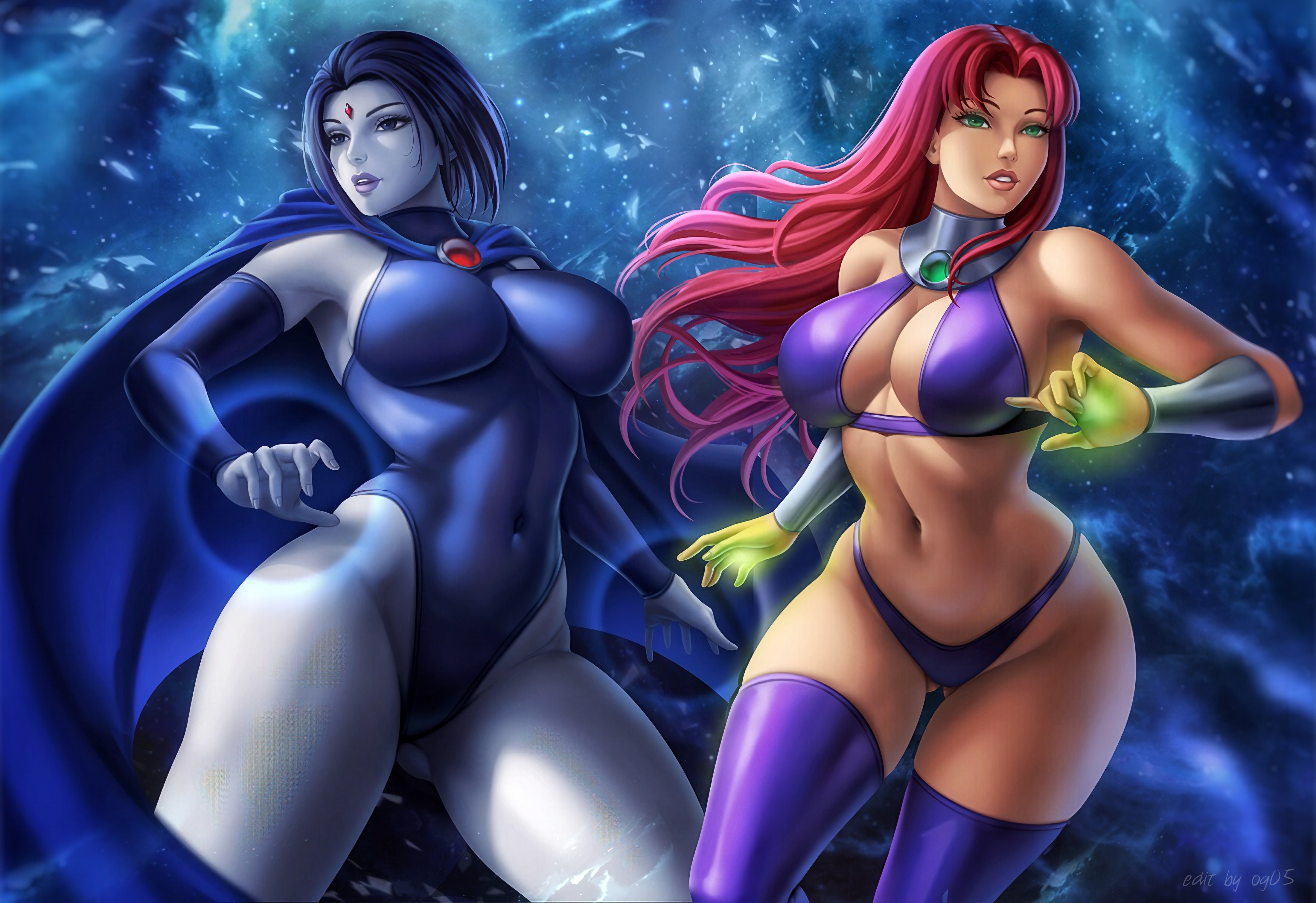 General 4400x3020 bikini redhead brunette Teen Titans Raven (DC Comics) Starfire big boobs thighs superheroines digital art watermarked