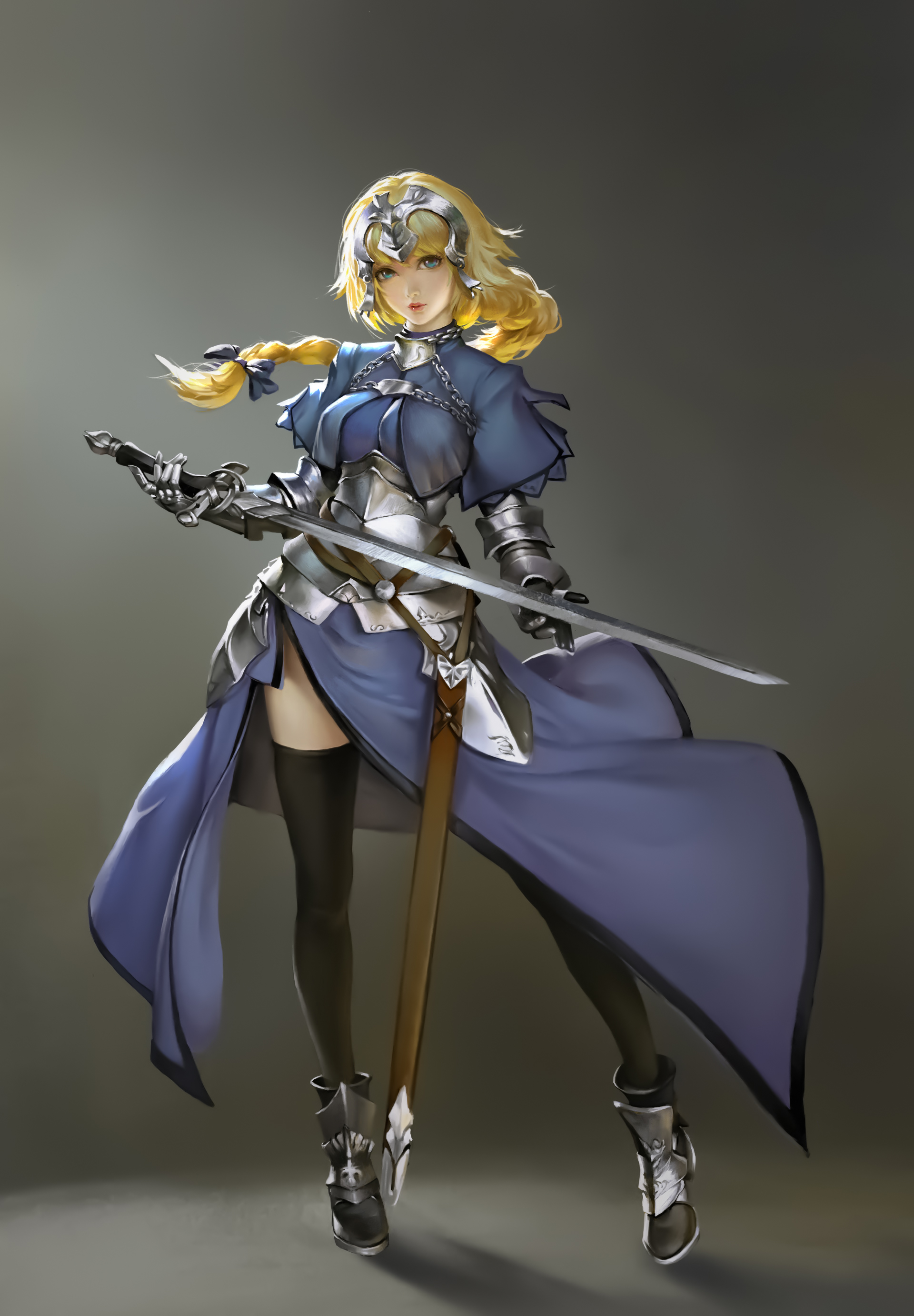 Anime 1920x2763 Ley Bowen drawing women blonde long hair tiaras armor steel dress blue clothing knight weapon sword simple background blue eyes Ruler (Fate/Apocrypha) Jeanne d'Arc (Fate) Fate series Fate/Apocrypha  Fate/Grand Order anime anime girls
