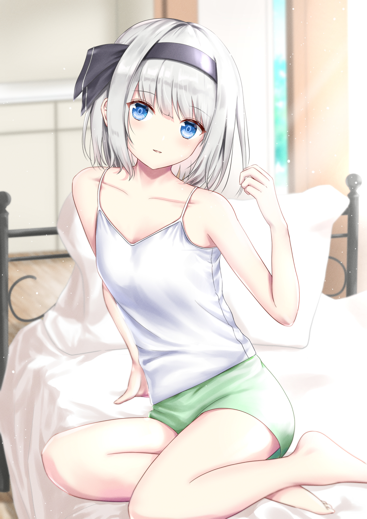 Anime 1187x1678 2D anime anime girls digital art digital belly belly button ecchi blue eyes silver hair hairband looking at viewer green short shorts spaghetti straps white shirt sitting on bed arms up legs crossed bed Pixiv