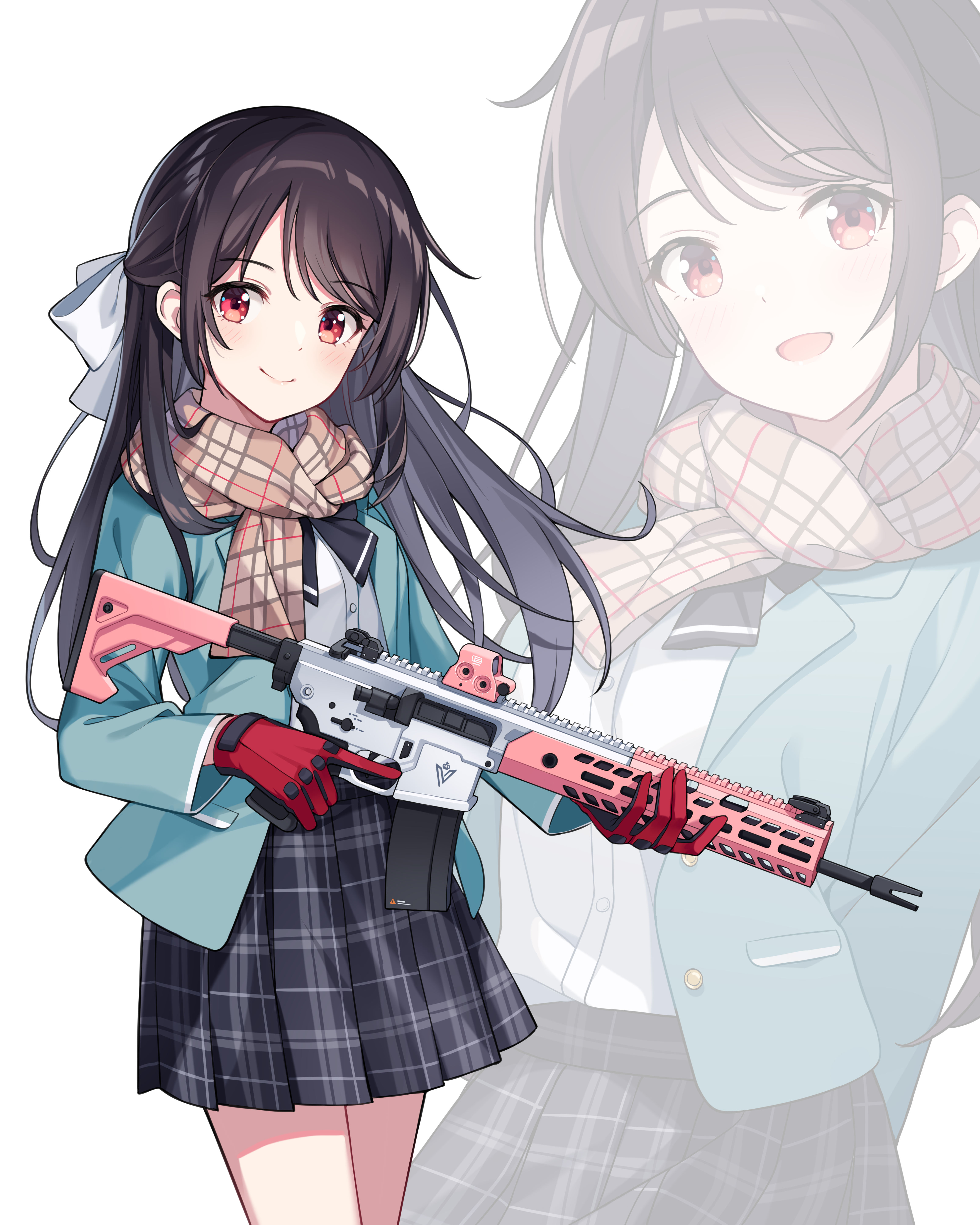 Anime 4630x5787 2D anime anime girls digital art looking at viewer weapon dark hair red eyes scarf school uniform