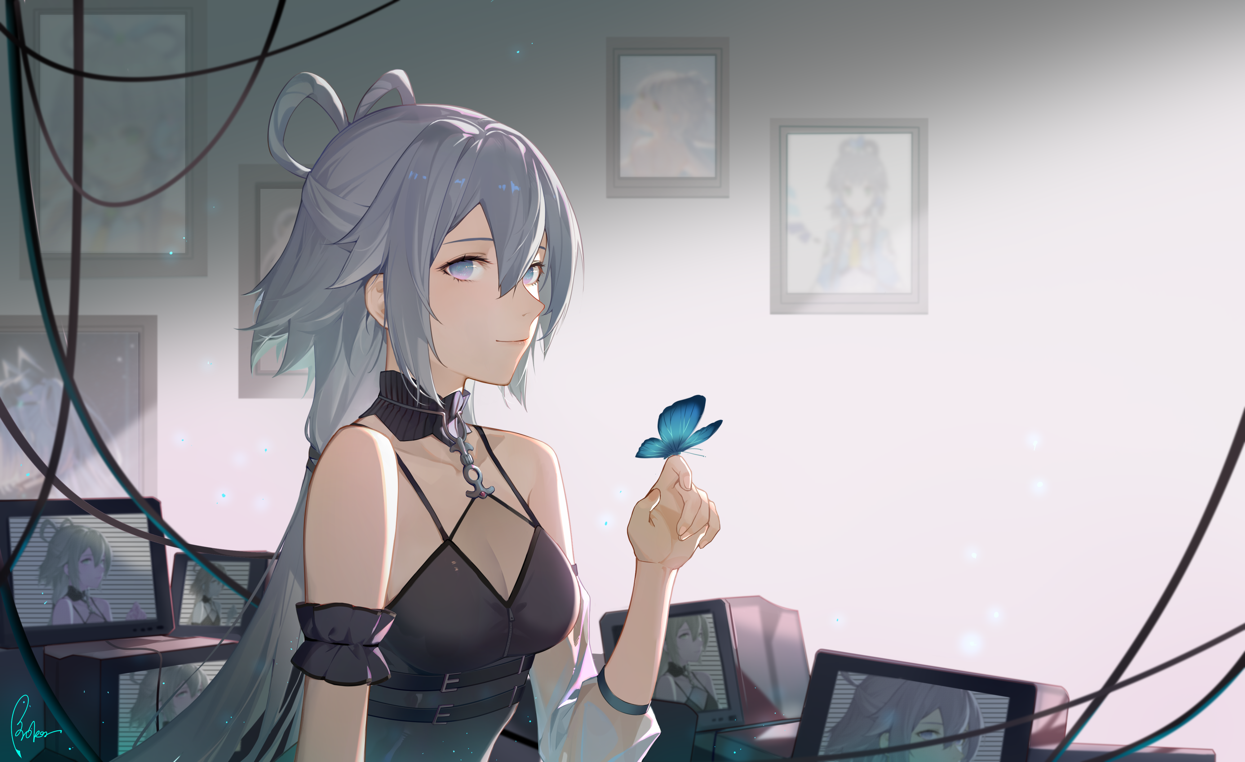 Anime 4016x2457 anime anime girls Vocaloid wires long hair TV photo frame wall smiling Luo Tianyi (vocaloid) gray hair gray eyes butterfly