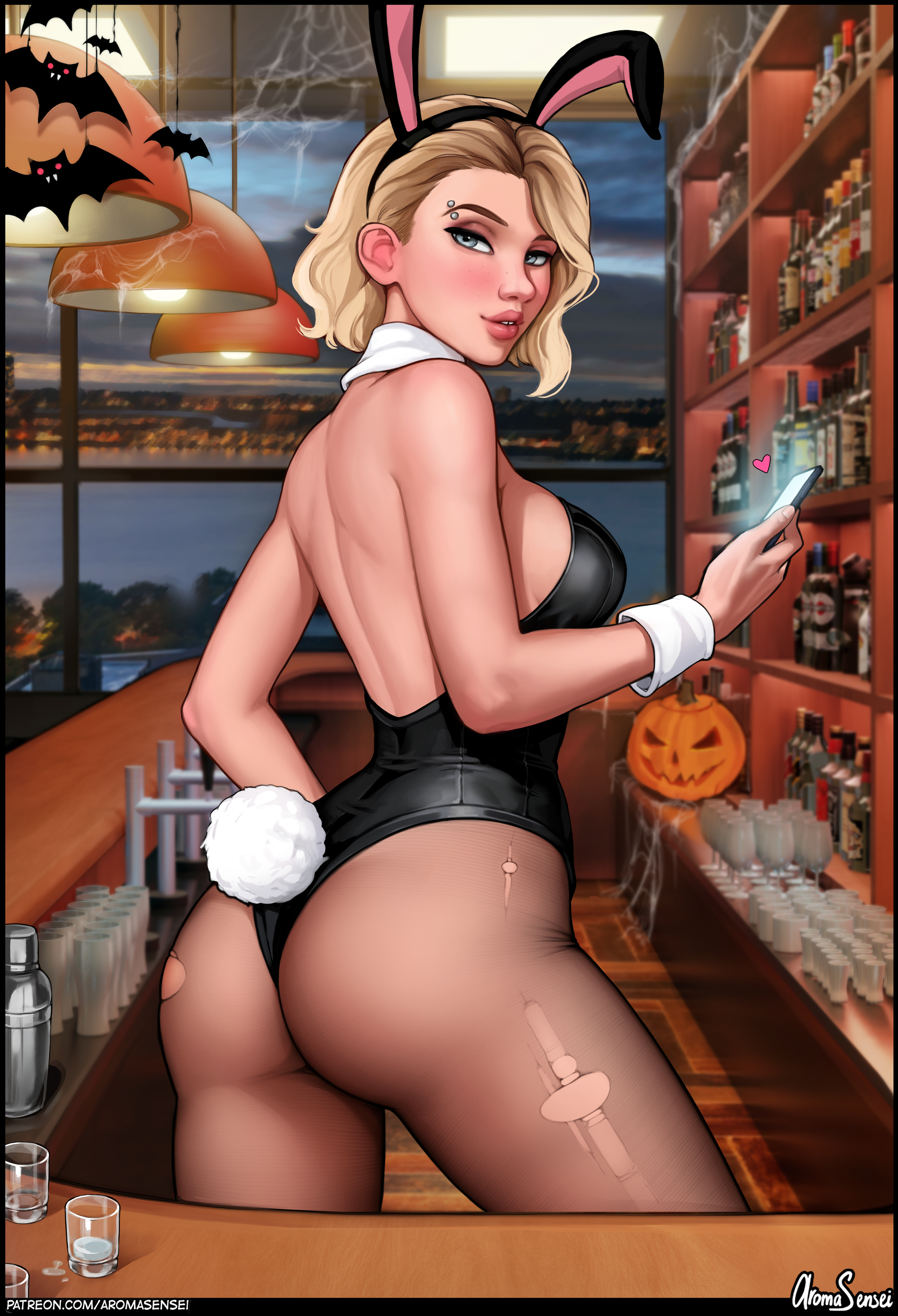 General 3374x4945 Gwen Stacy Marvel Comics superheroines fictional character blonde bunny girl bunny ears costumes Halloween bodysuit bare shoulders looking at viewer parted lips cellphone bartender bar ass bunny tail pantyhose torn pantyhose pierced eyebrow bunny suit 2D artwork drawing illustration Jack O' Lantern fan art Aroma Sensei blushing