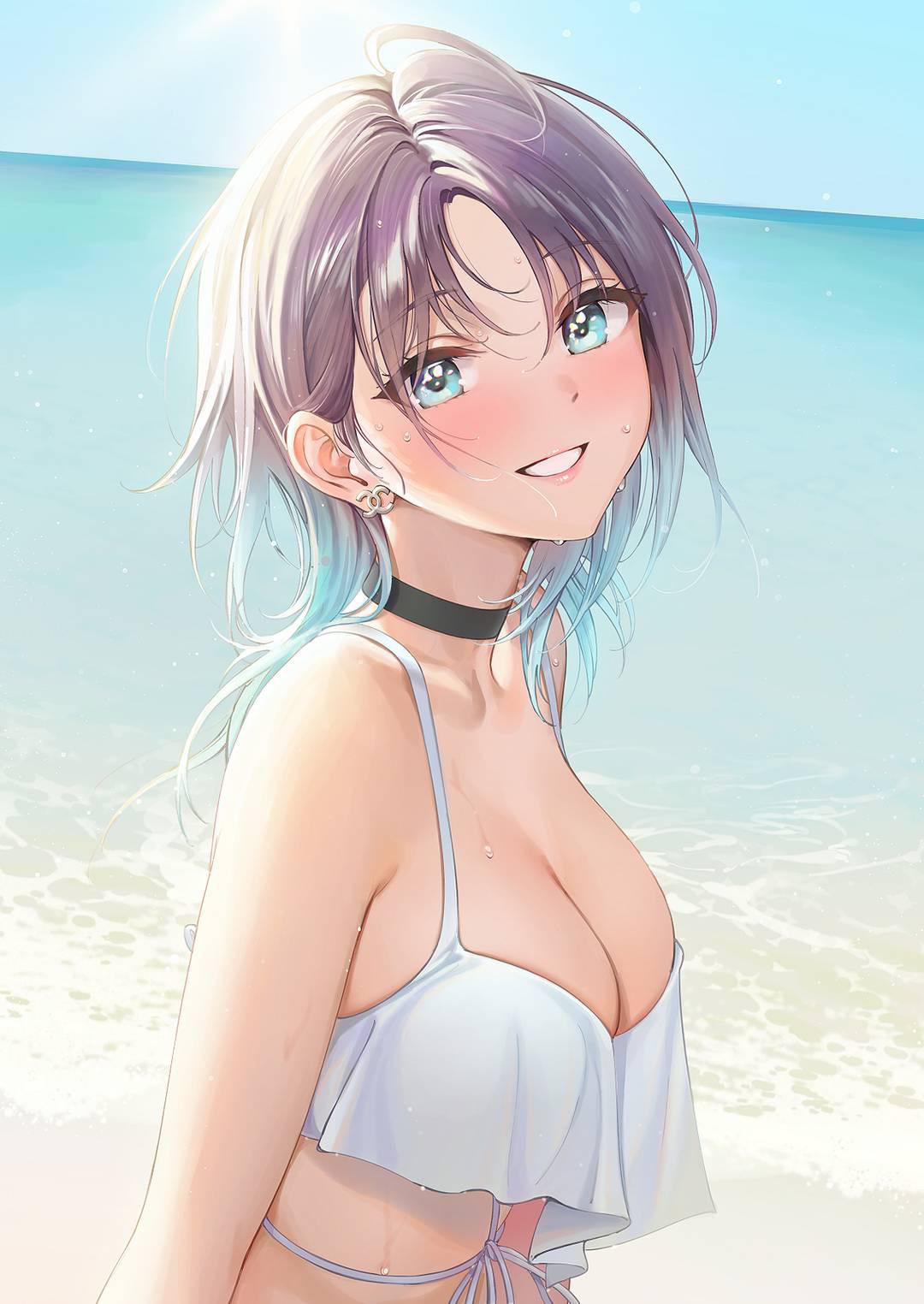 Anime 1080x1524 anime girls bikini cleavage beach brunette blue eyes smiling wet artwork Ameyame THE iDOLM@STER Toru Asakura