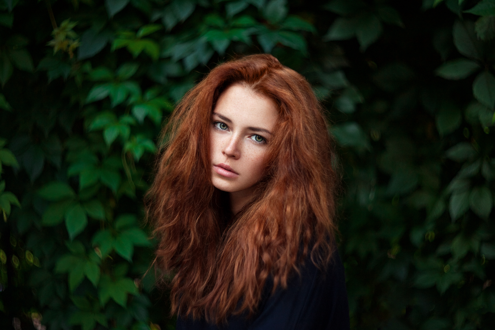 People 2048x1365 Ivan Ustinov women redhead long hair blue eyes freckles looking at viewer depth of field leaves Anna Zabolotskaya