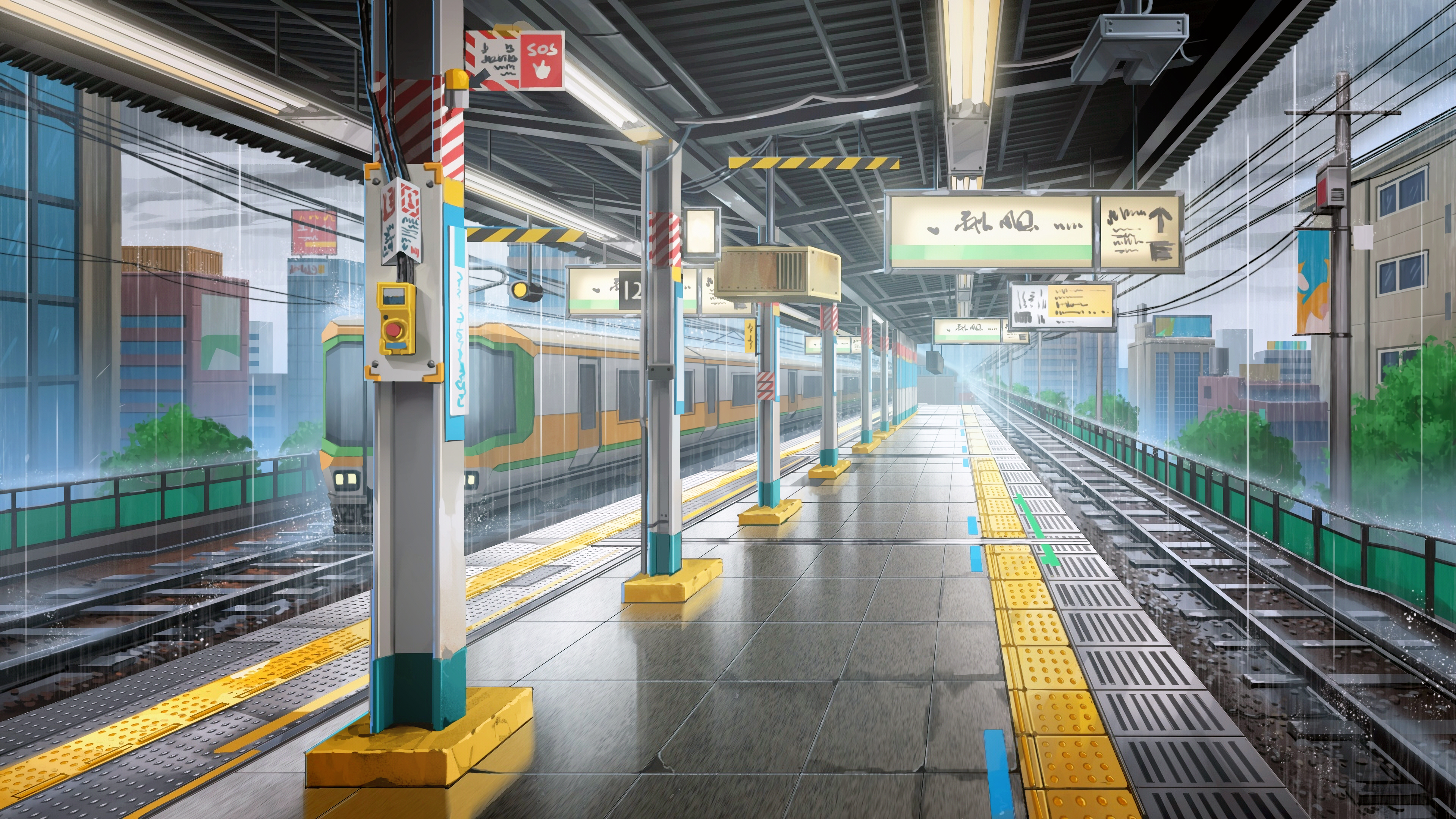 Anime 3840x2160 train artwork train station rain
