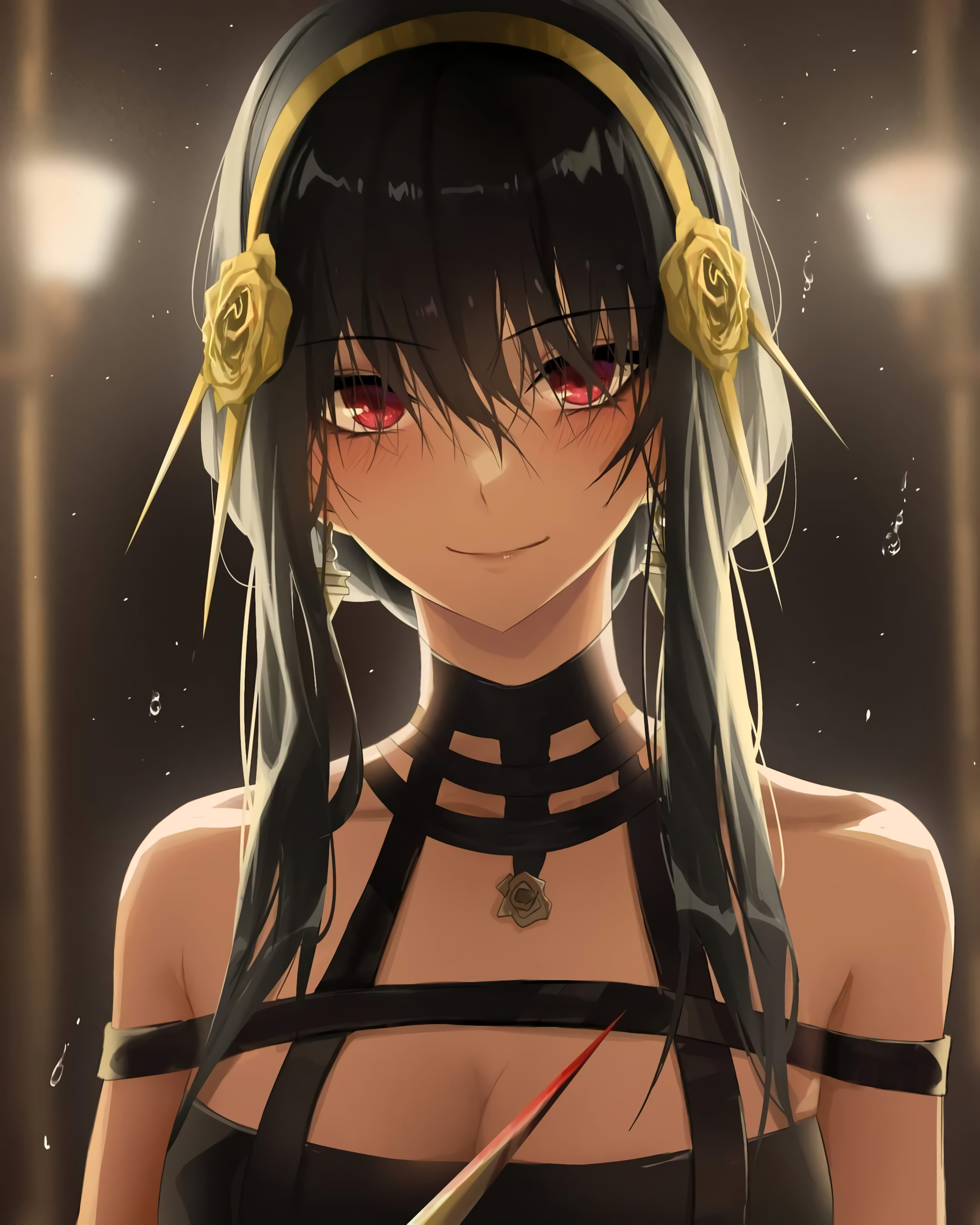 Anime 4320x5400 anime looking at viewer dark hair smiling Yor Forger anime girls closed mouth black hair red eyes portrait display long hair hair in face collarbone blood weapon bare shoulders T_blence