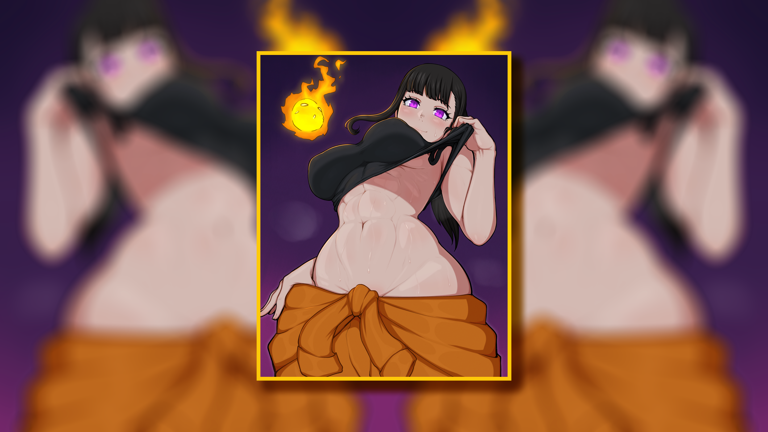 Anime 3256x1832 anime anime girls Enen no Shouboutai Maki Oze long hair black hair purple eyes blushing armpits jumpsuit orange jumpsuit muscular ecchi belly belly button
