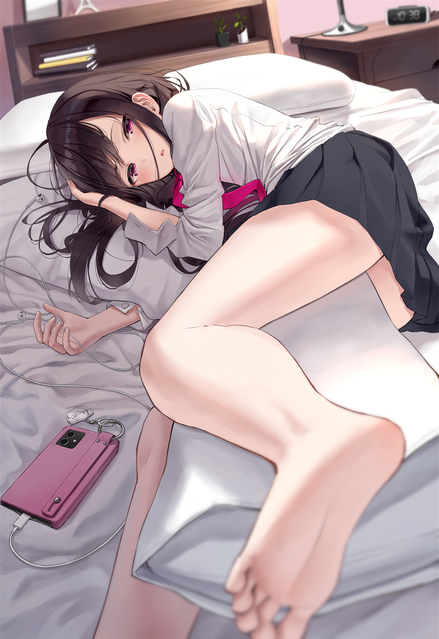Anime 900x1309 legs in bed black hair anime feet school uniform School Girl Strikers anime girls toes