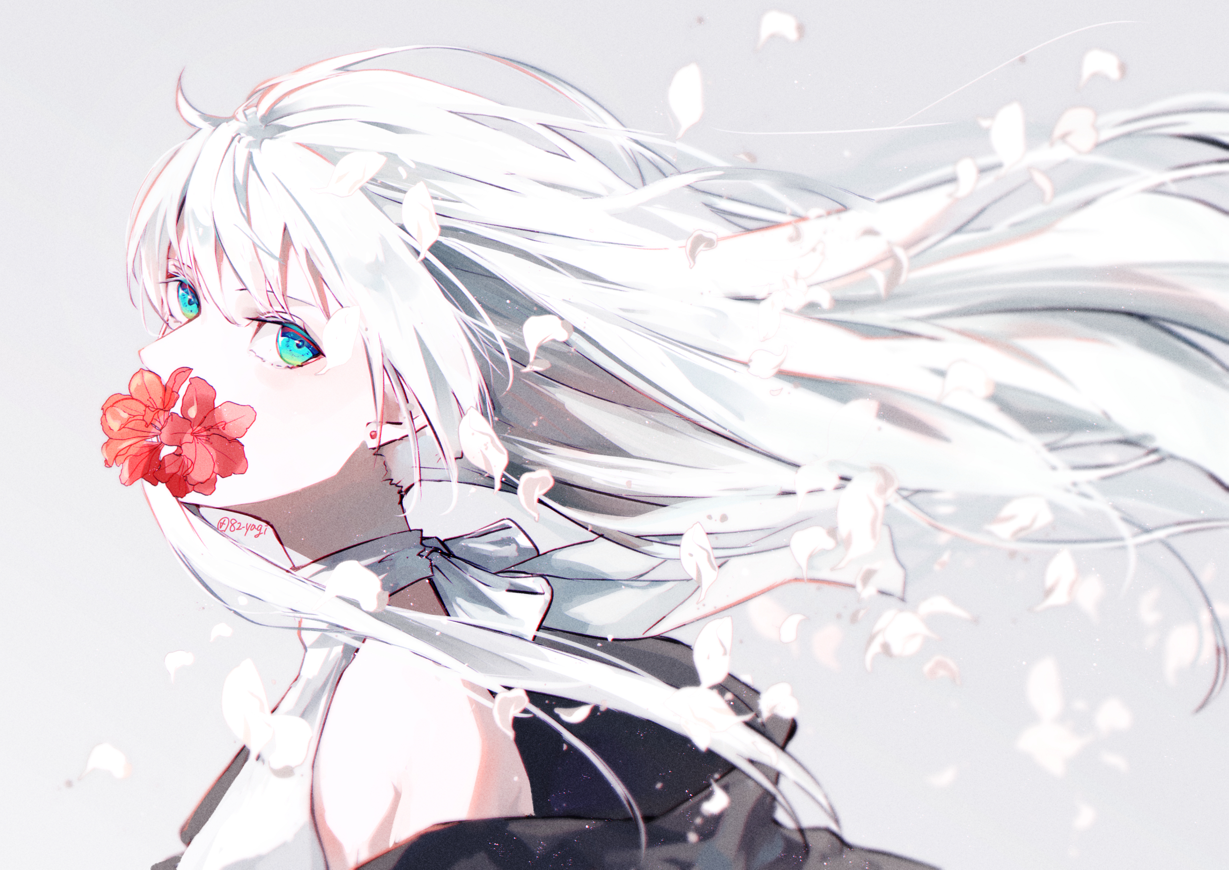 Anime 2479x1756 anime girls white hair blue eyes petals digital art