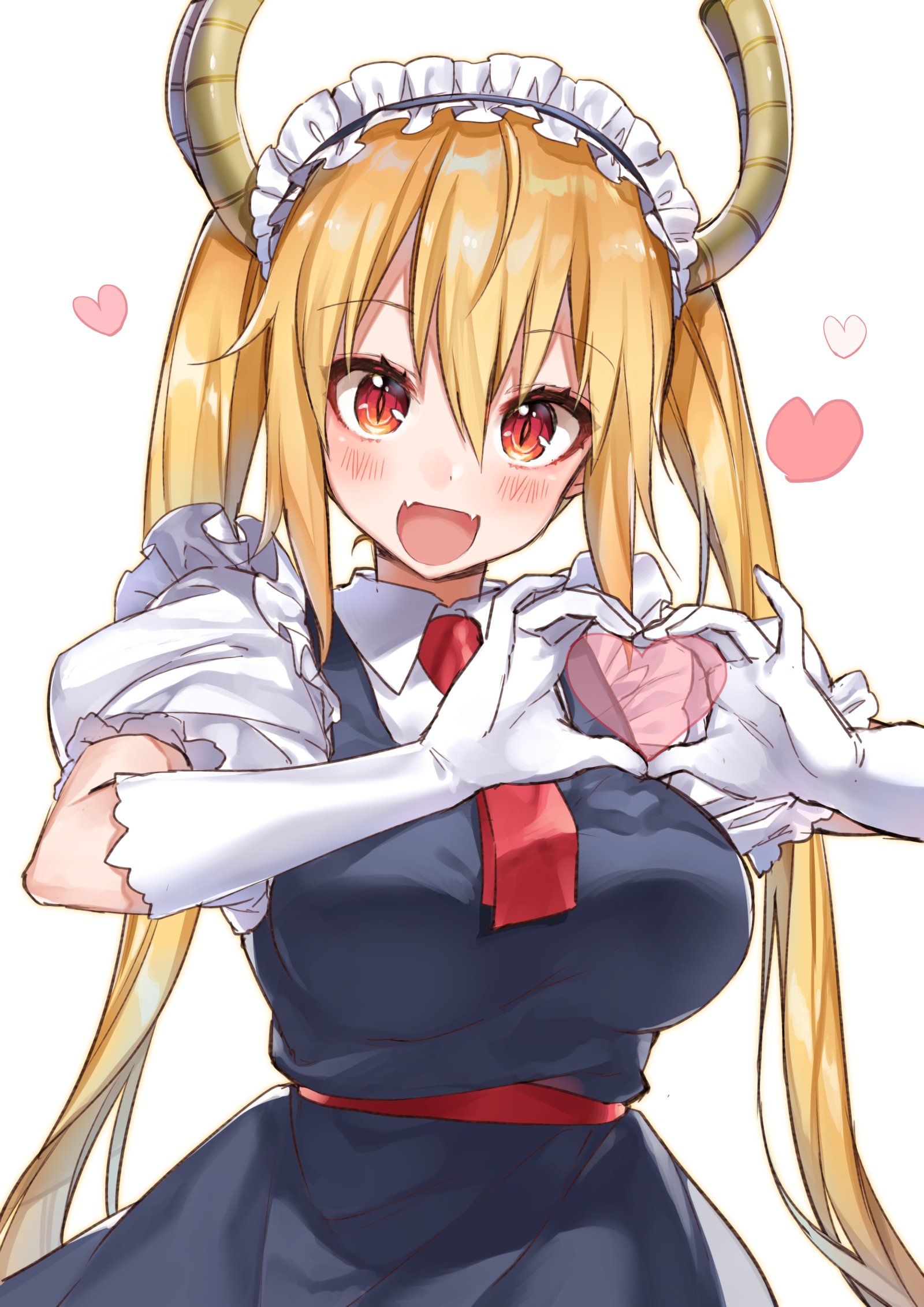 Anime 1600x2262 anime girls Tohru (Kobayashi-san Chi no Maid Dragon) Kobayashi-san Chi no Maid Dragon 2D drawing digital art blonde twintails long hair maid horns maid outfit dragon girl simple background white background red tie red eyes Shirako Miso gloves