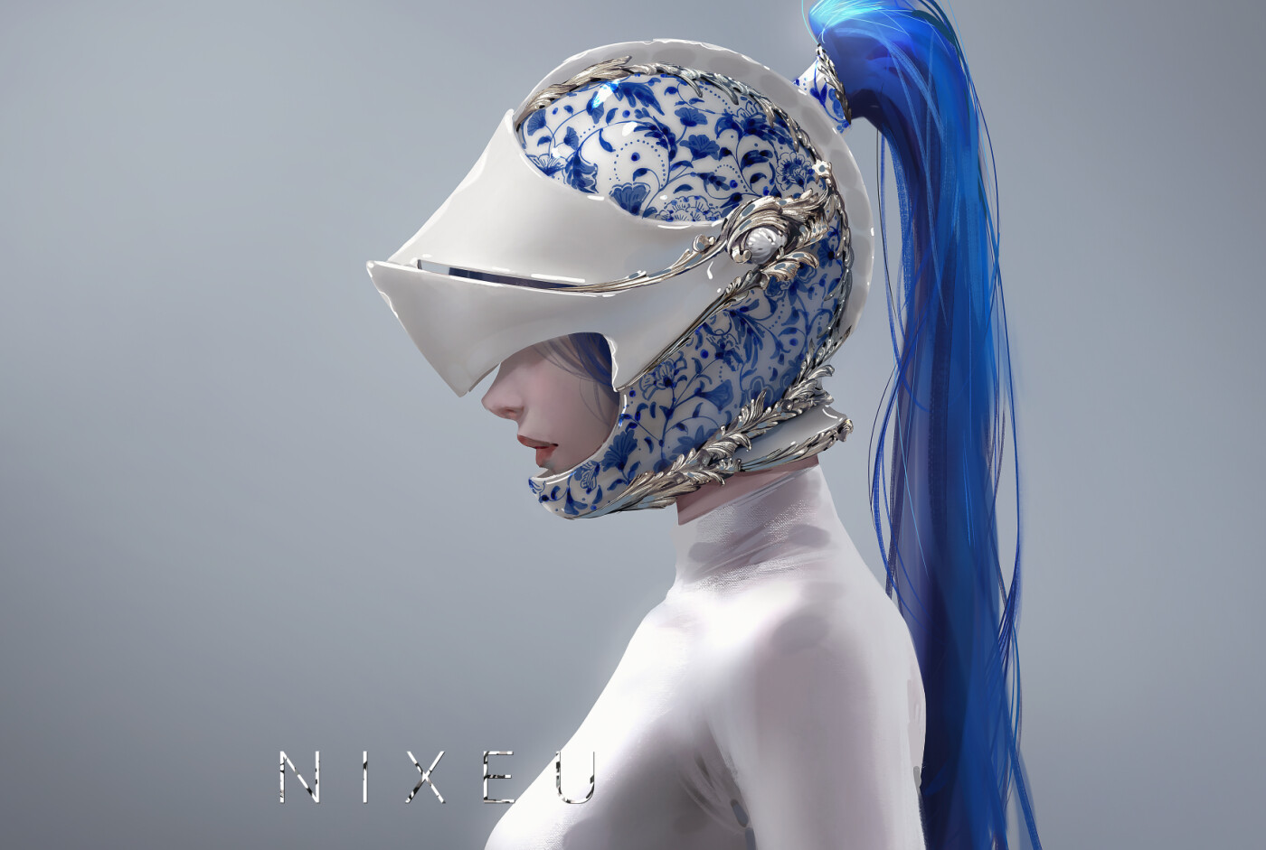 General 1400x941 Nixeu drawing women helmet profile ponytail blue hair pattern simple background Gzhel