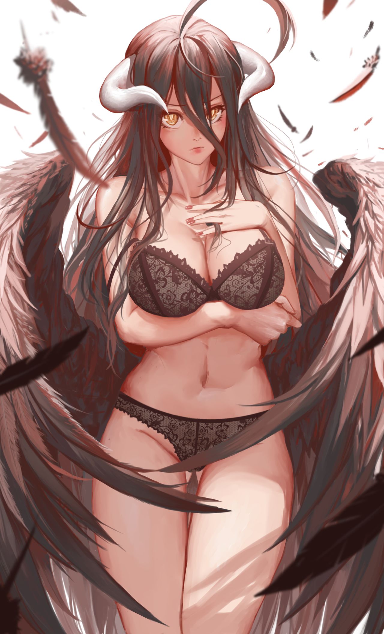 Anime 1280x2112 anime girls portrait display Albedo (OverLord) Dishwasher1910 horns wings underwear cleavage black panties Overlord (anime) bra panties black bras