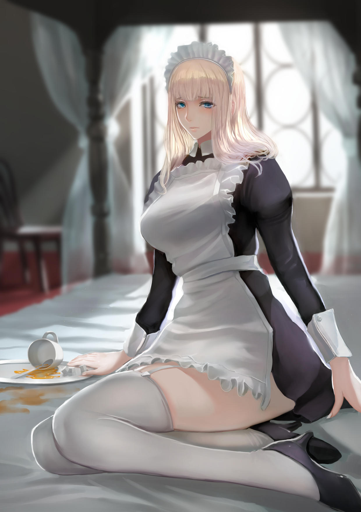 Anime 1240x1754 Jittsu anime anime girls blonde maid maid outfit blue eyes thighs black heels white thigh highs sitting blunt bangs