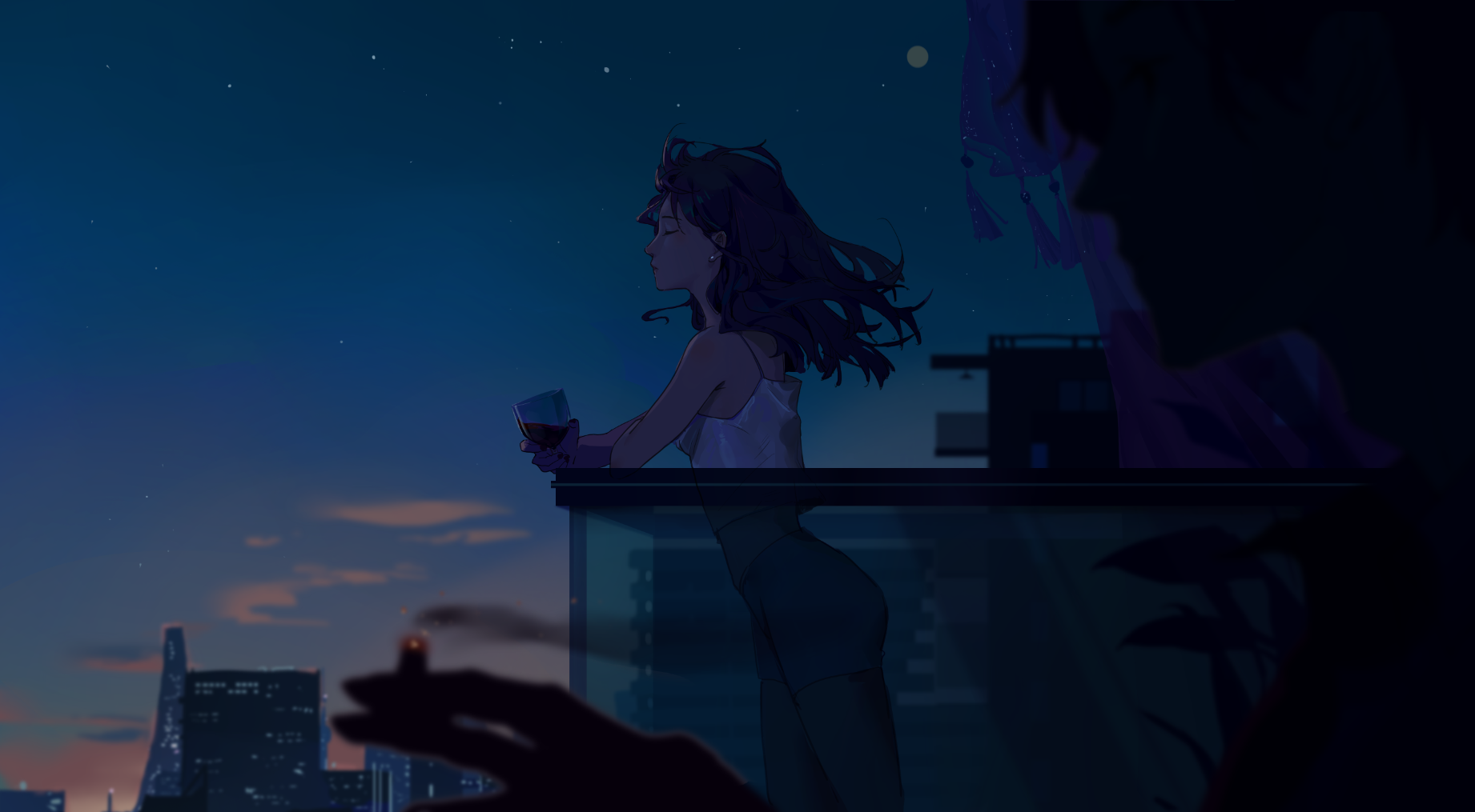 Anime 1842x1015 anime anime girls Mmmilk_ balcony sky stars Moon cigarettes smoking anime boys wine glass long hair closed eyes profile side view