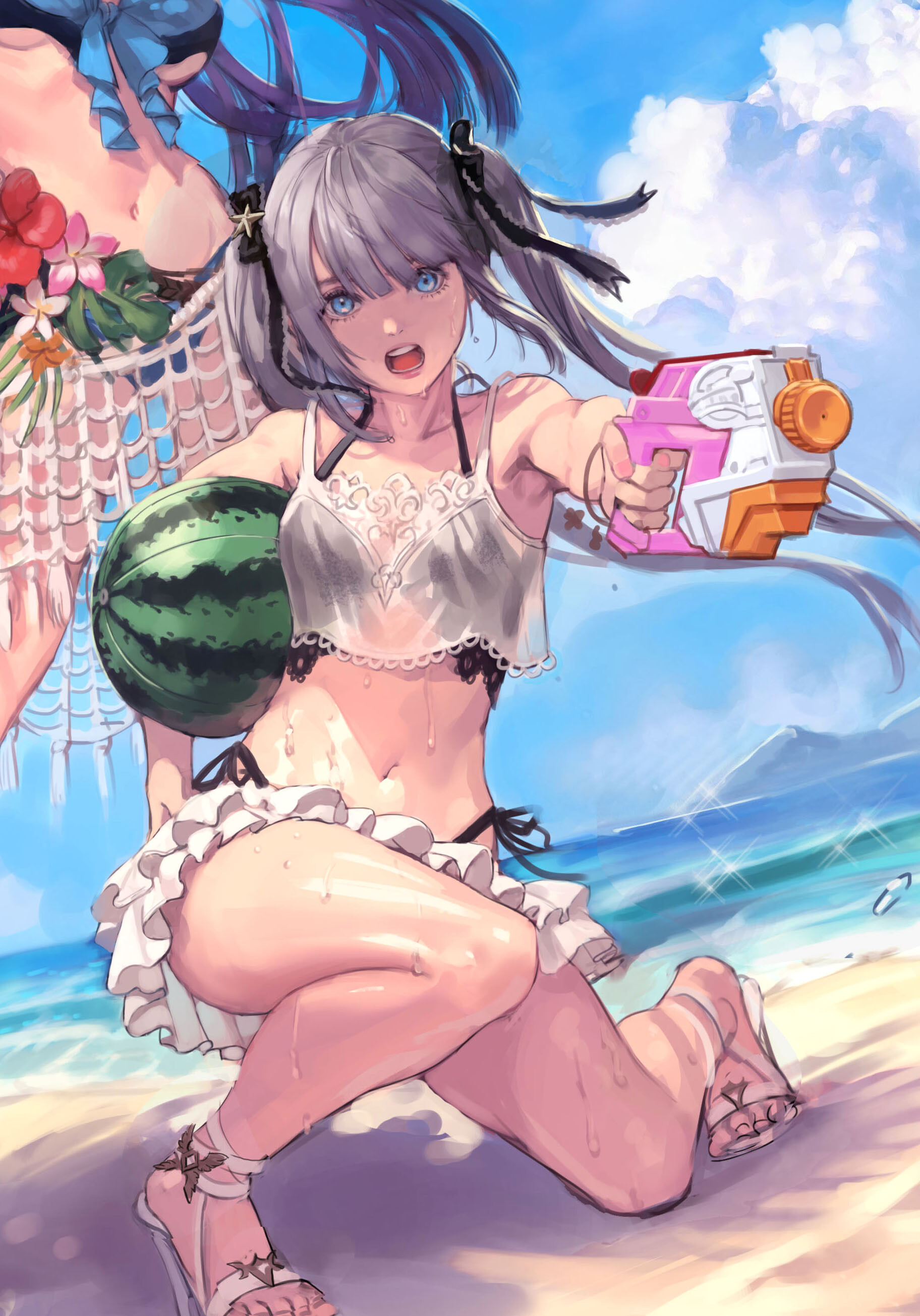 Anime 1824x2610 anime anime girls open mouth legs women outdoors women on beach blue eyes twintails girls with guns looking at viewer sweat belly outdoors long hair gray hair beach hibiscus flowers watermelons wet body water guns see-through clothing