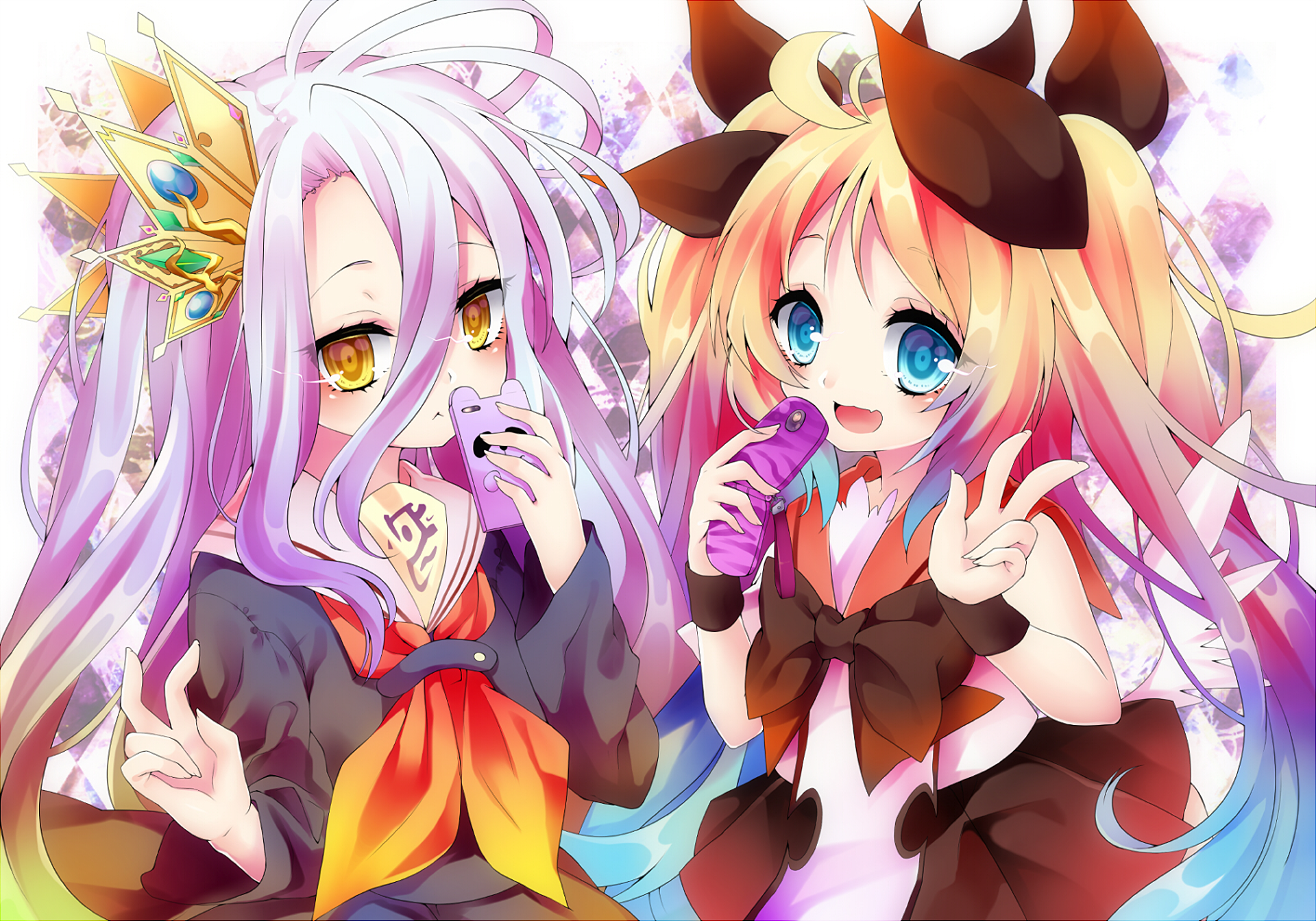 Anime 1920x1344 No Game No Life Shiro (No Game No Life) Greed Packet Unlimited standing anime girls long hair loli yellow eyes blue eyes white hair blonde two tone hair cellphone twintails open mouth