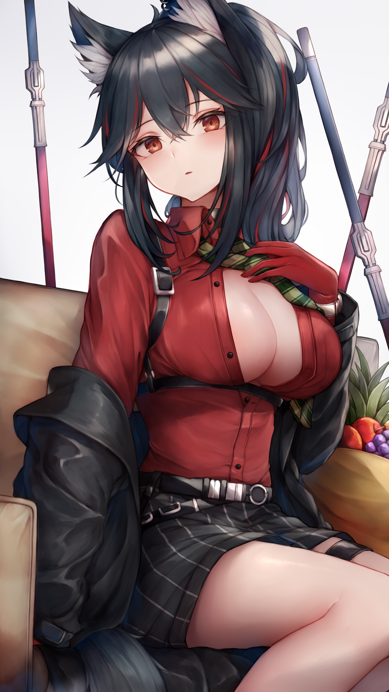 Anime 800x1424 anime anime girls boobs Texas (Arknights) Arknights cleavage wolf girls unbuttoned open shirt red shirt red eyes black hair animal ears sitting open clothes big boobs artwork SNM
