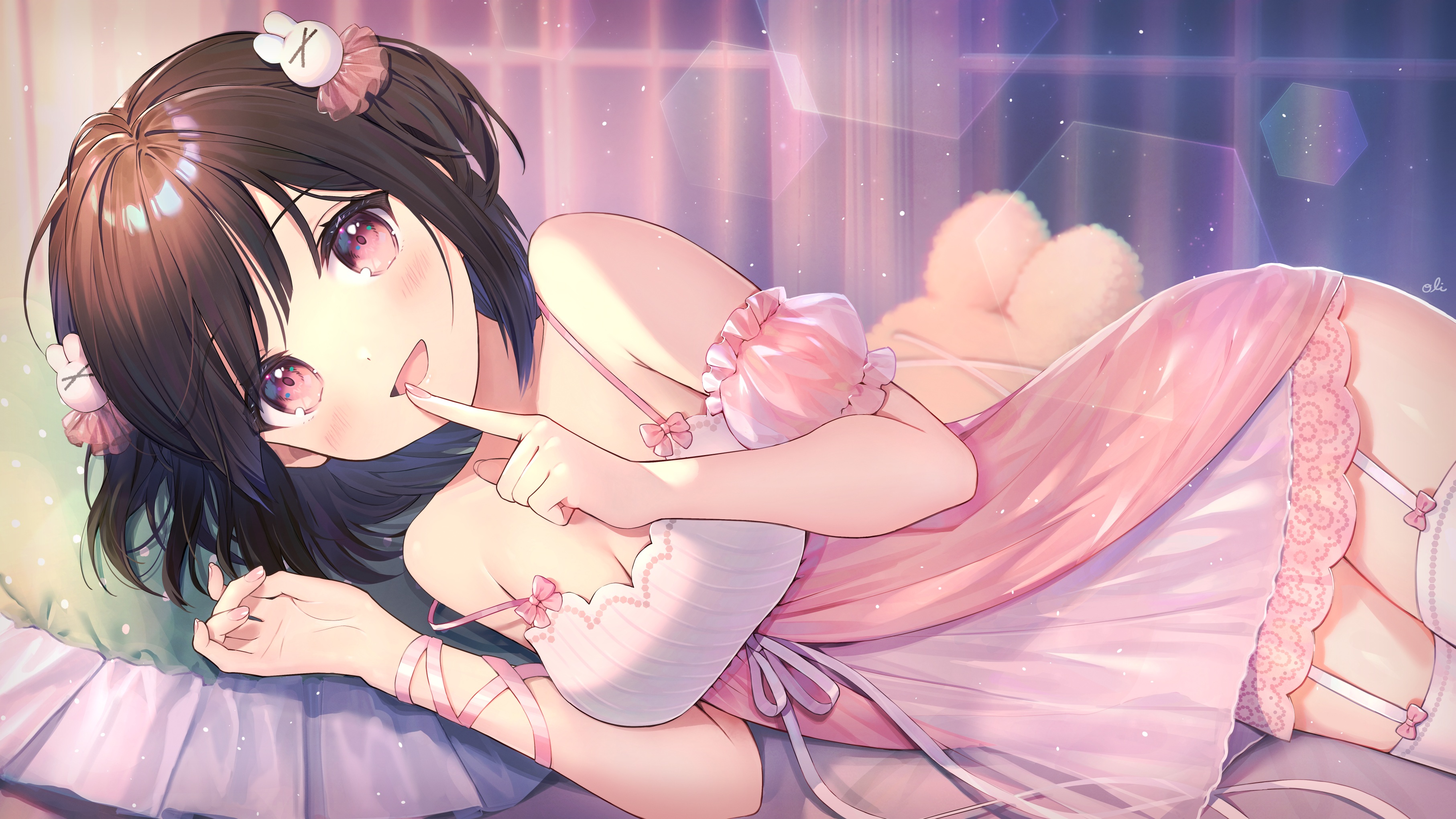 Anime 3628x2041 anime anime girls Oli (artist) artwork brunette pink eyes in bed lying on side nightgown thigh-highs