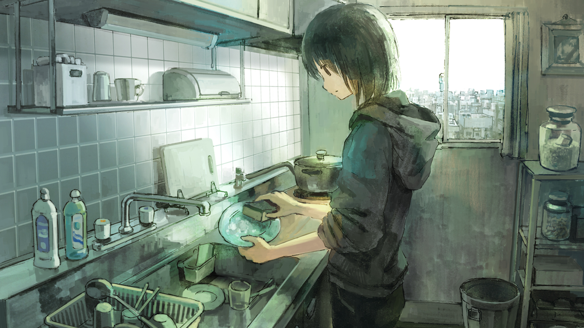 Anime 1920x1080 anime anime girls original characters artwork Tokunaga Akimasa cropped kitchen dishes