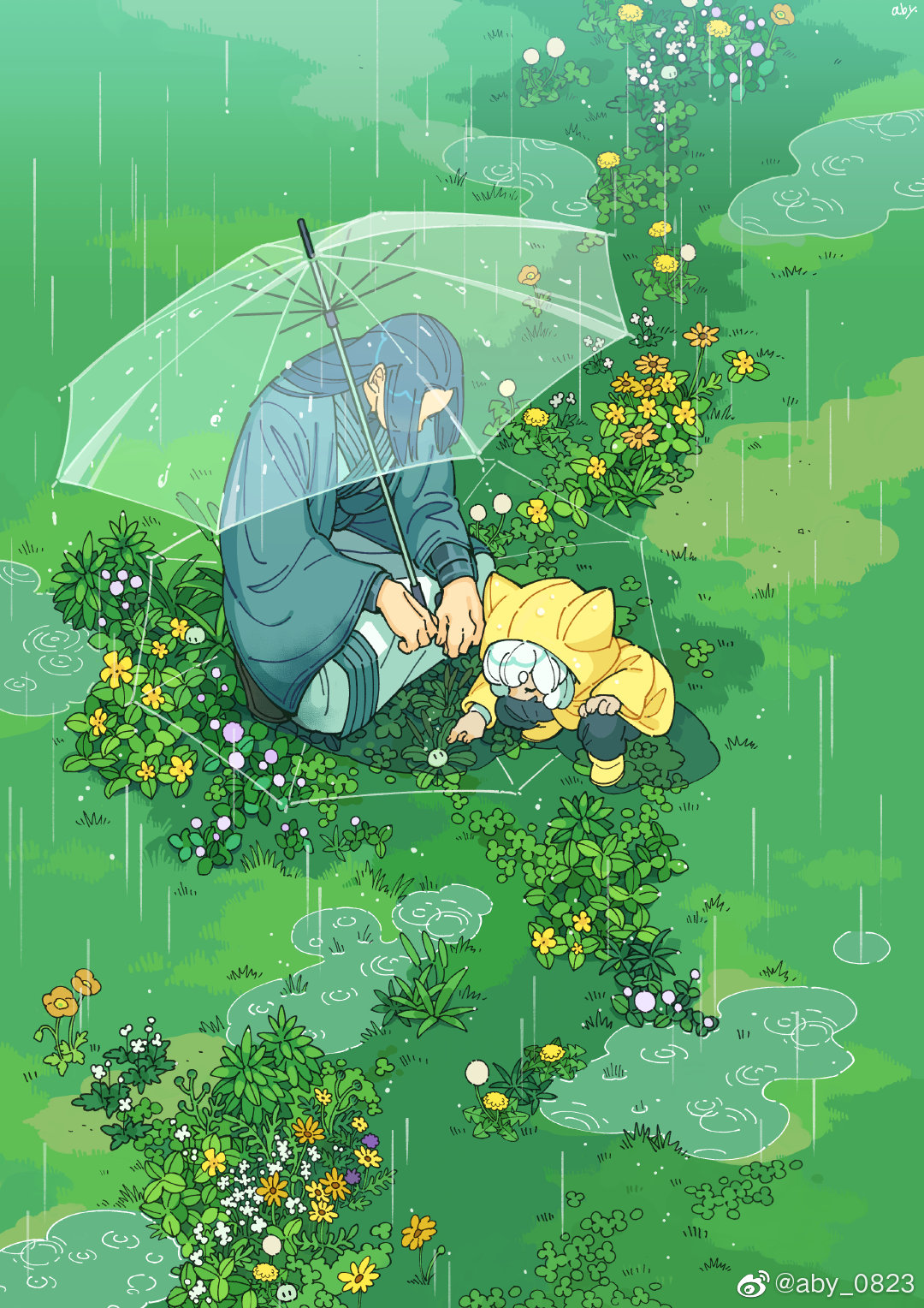 Anime 1080x1528 illustration digital art umbrella rain yellow flowers puddle