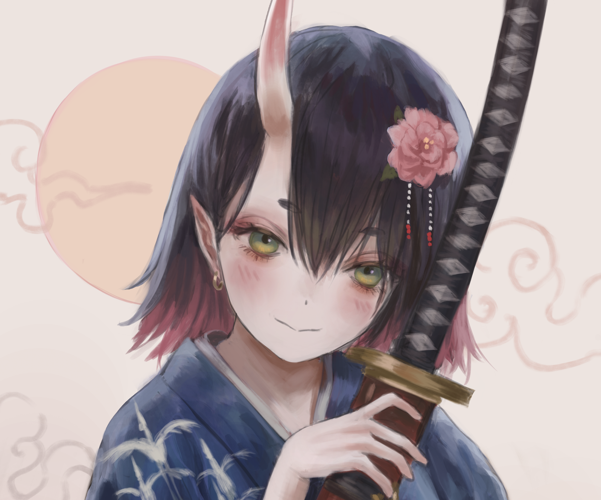 Anime 1920x1600 anime anime girls fantasy girl fantasy art flower in hair pointy ears sword weapon women with swords dark hair green eyes looking at viewer simple background hair in face horns oni girl