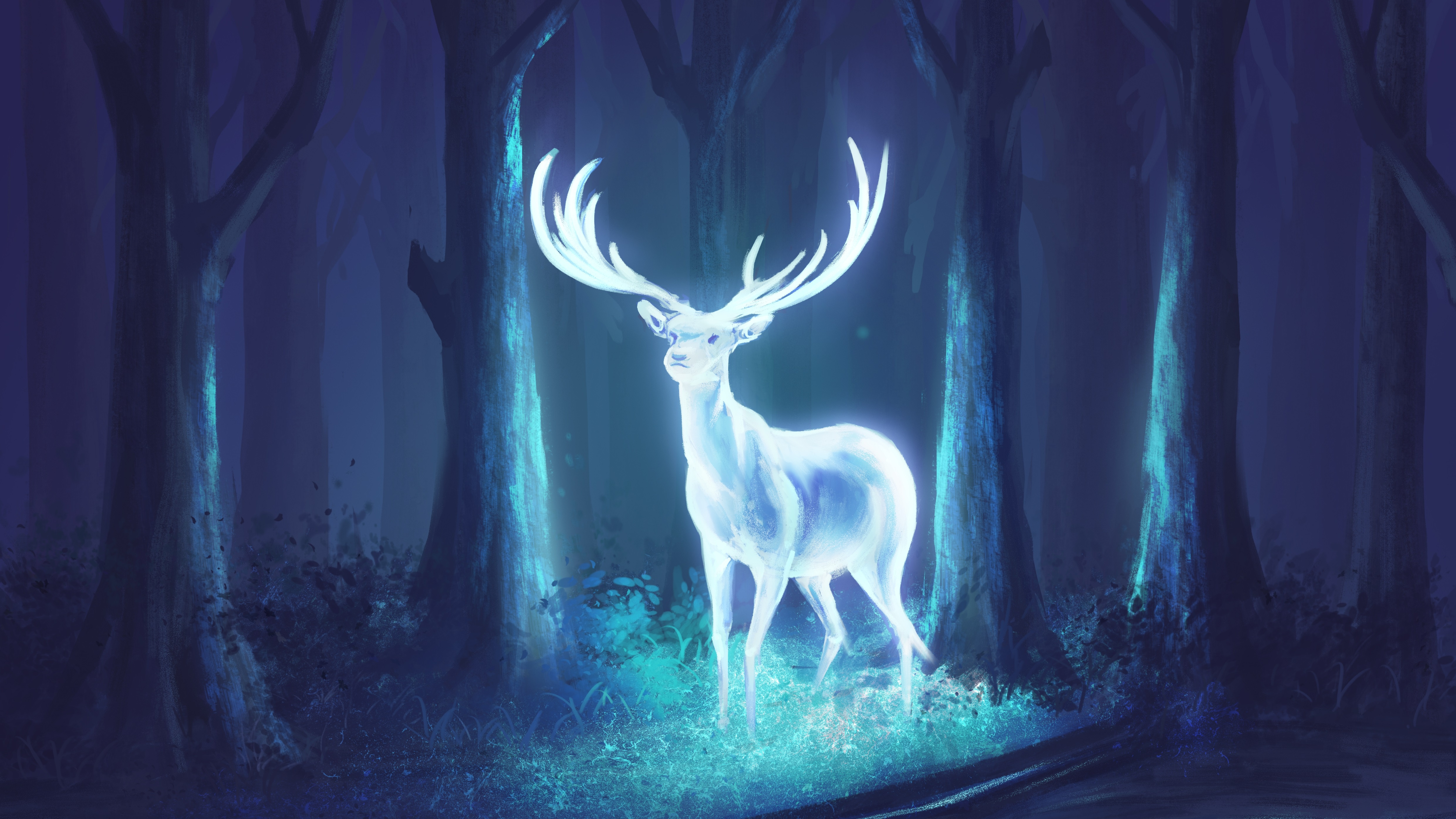 General 7680x4320 digital art deer nature trees night Harry Potter Patronus glowing forest