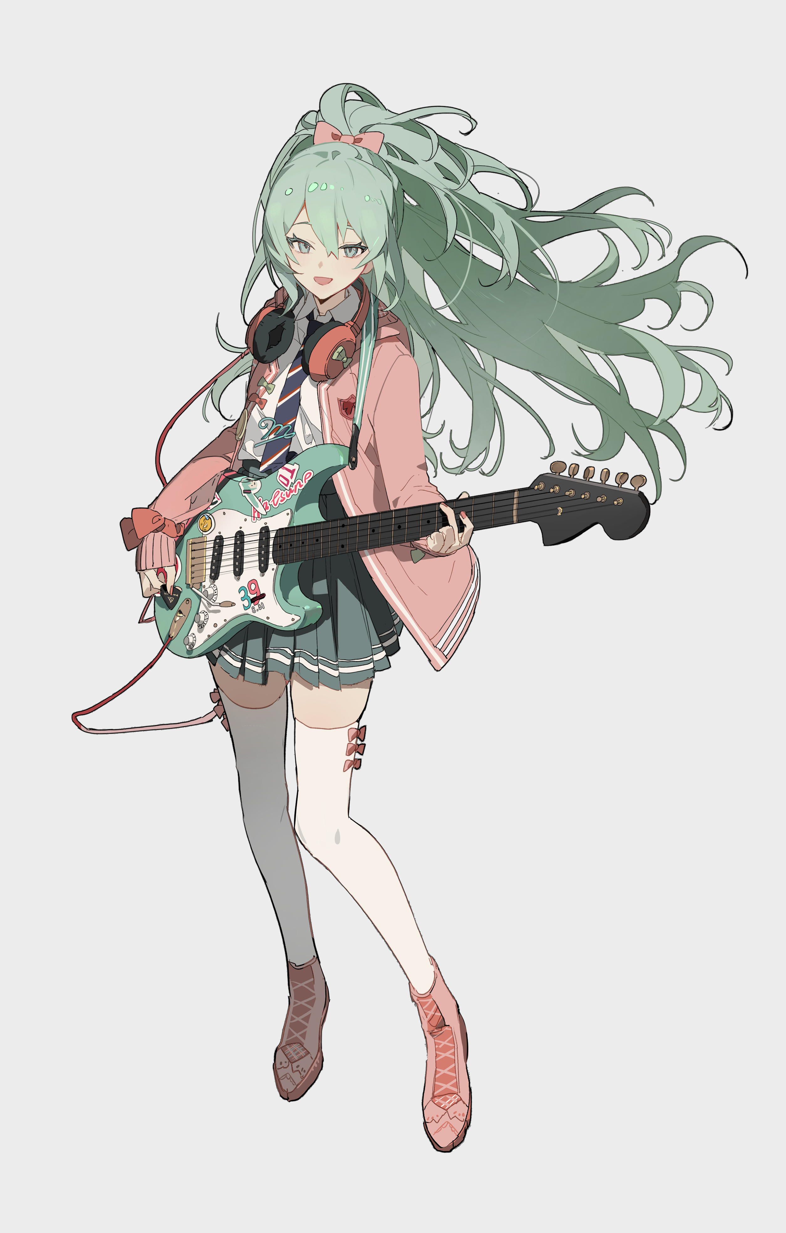 Anime 2509x3936 anime anime girls guitar musical instrument green hair long hair headphones simple background ponytail thigh-highs Vocaloid Hatsune Miku artwork zhibuji loom Fender Stratocaster plectrum