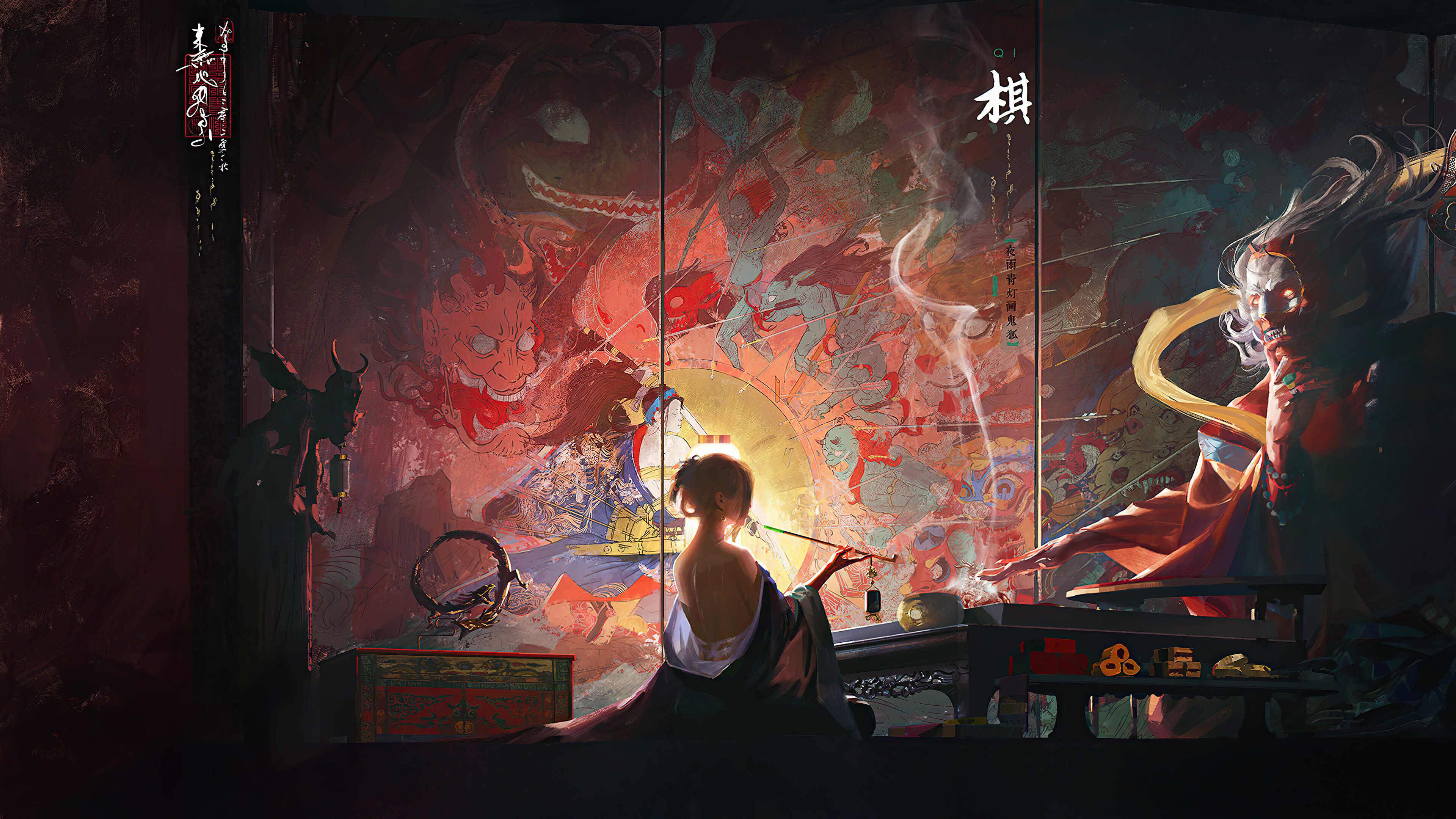 General 3840x2160 artwork Folklore painting fantasy art fantasy girl chess kanji