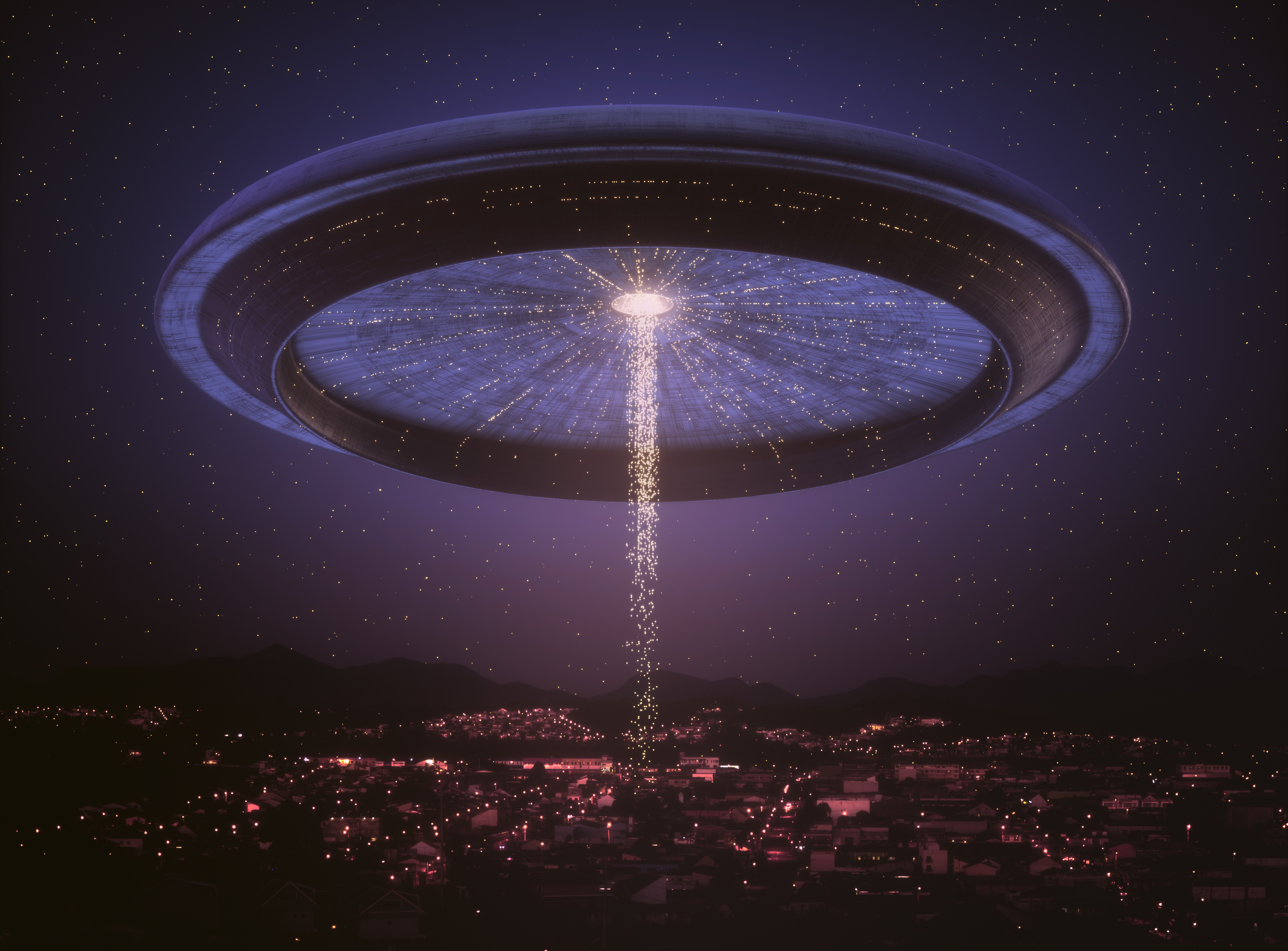 General 7150x5280 UFO spaceship city night futuristic science fiction stars lights floating particles artwork mothership alien abduction hills aerial view