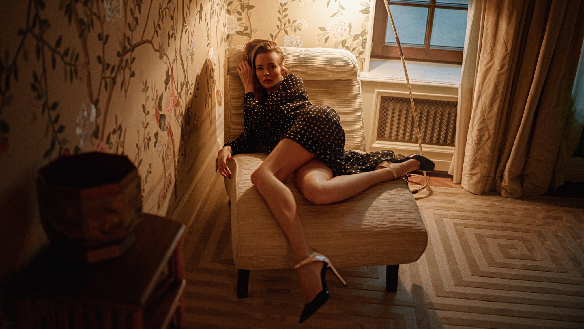 People 2024x1139 Georgy Chernyadyev women Natalia Emelianenko brunette dress black clothing dots legs high heels relaxing warm light