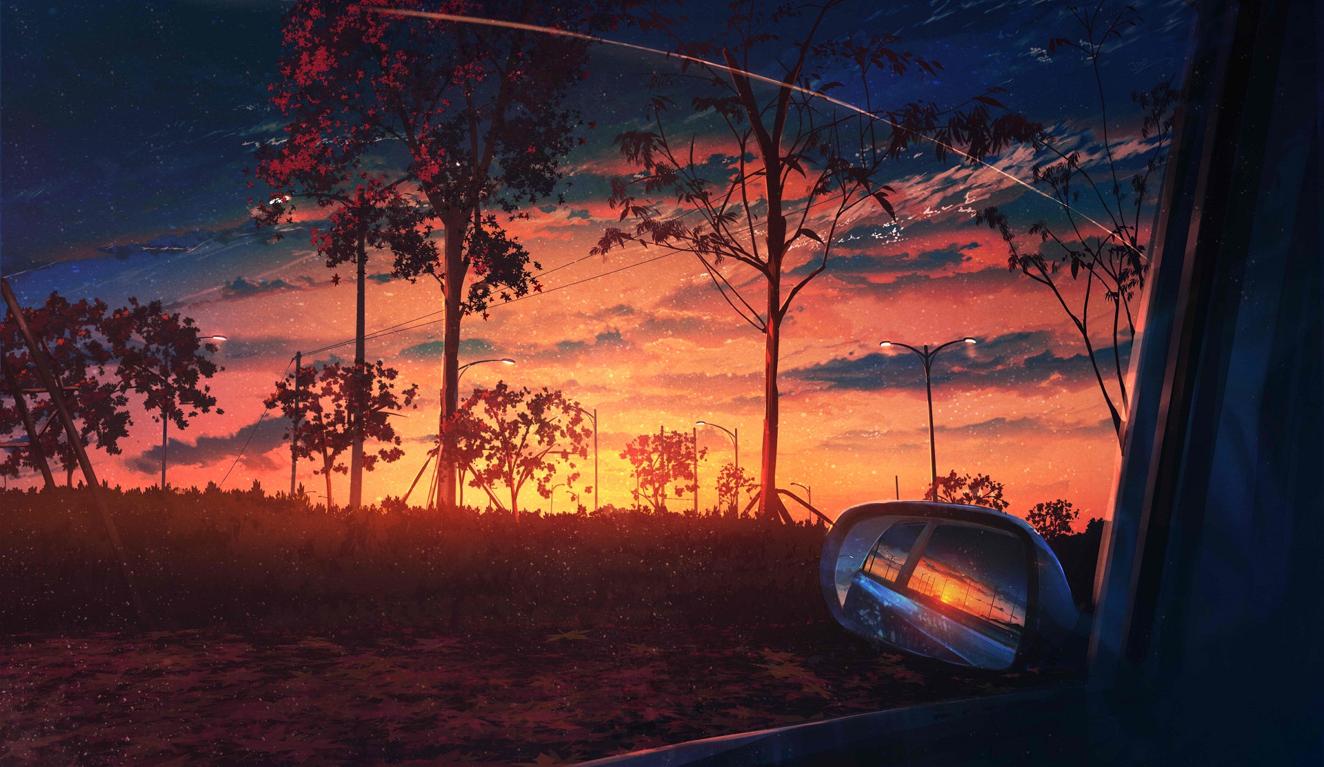 General 1920x1113 artwork digital art trees nature sunset rearview mirror reflection power lines