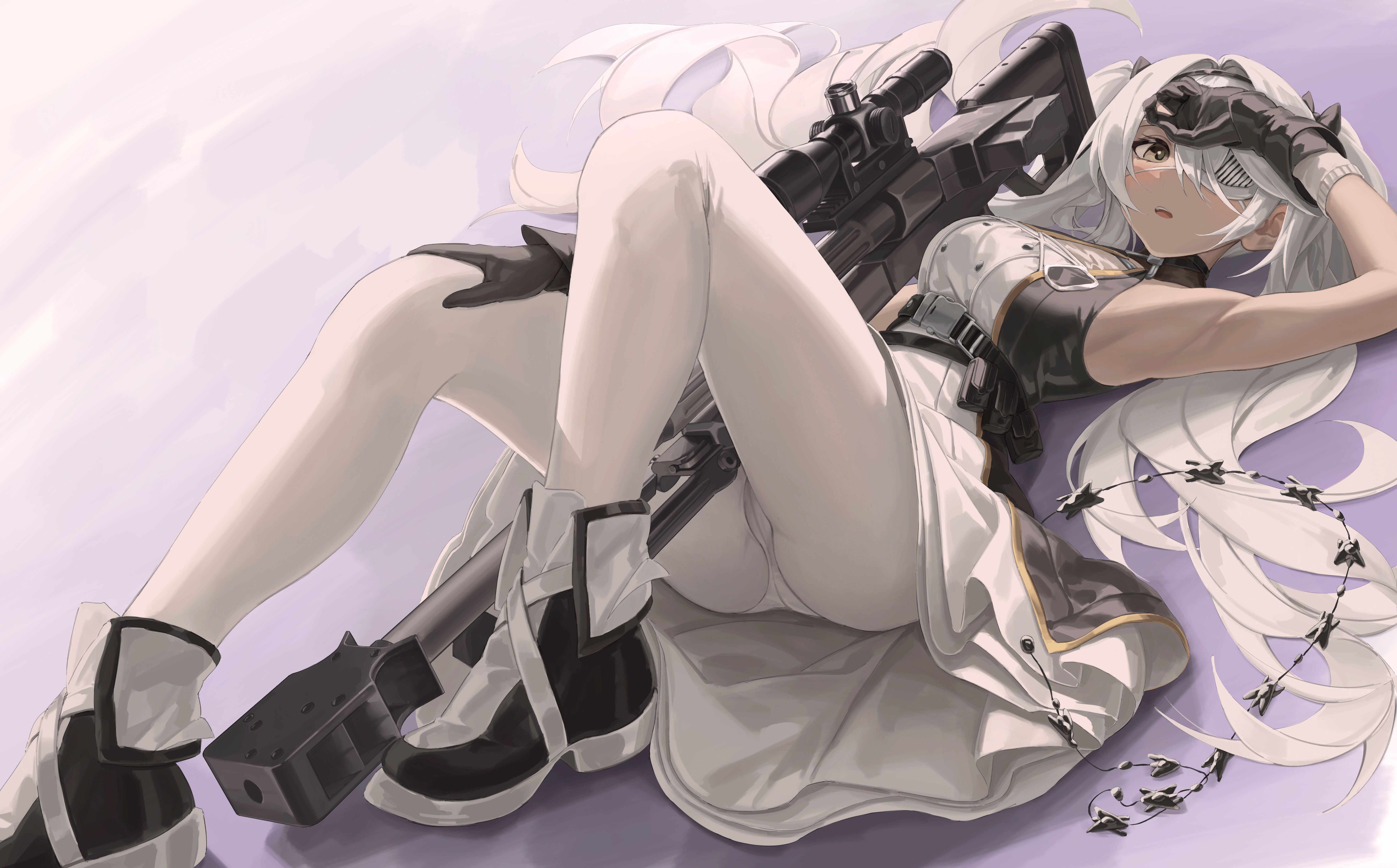 Anime 6735x4185 anime anime girls gun white hair twintails eyepatches dress pantyhose upskirt sniper rifle Girls Frontline ReI Leyi