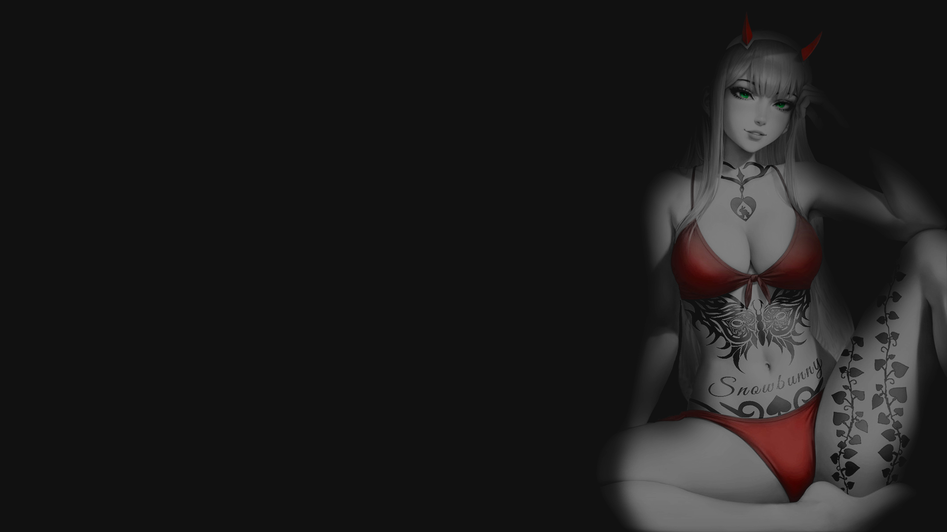 Anime 1920x1080 black background dark background simple background anime girls selective coloring bikini tattoo spread legs big boobs Queen of Spades Zero Two (Darling in the FranXX) Darling in the FranXX