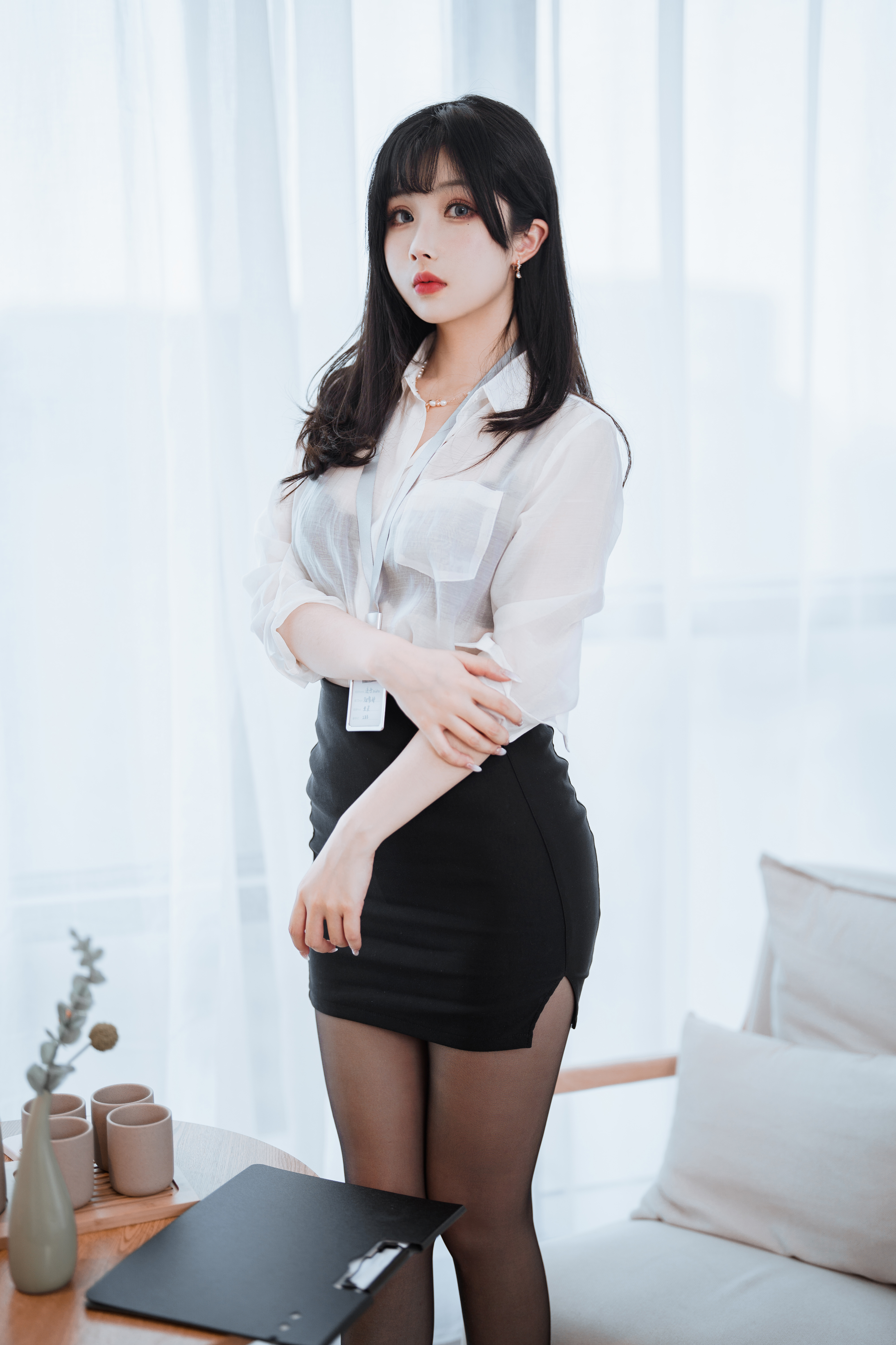 People 4000x6000 women model Asian asian cosplayer cosplay office girl shirt miniskirt pantyhose women indoors pale Rioko Cosplay