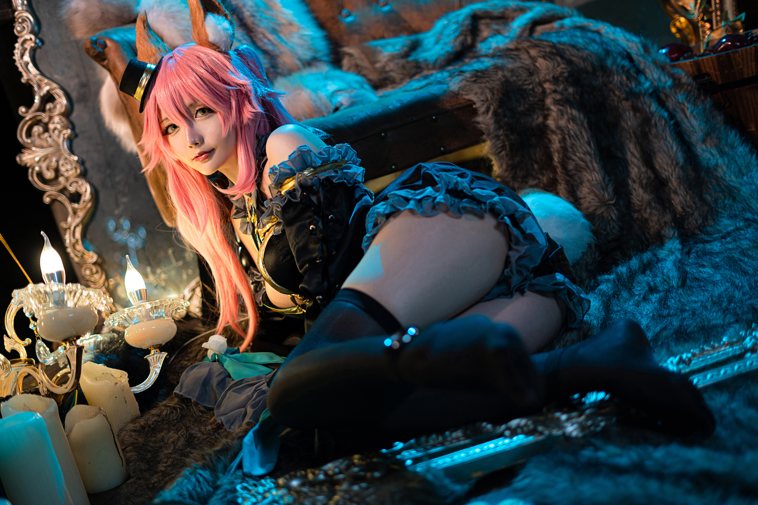 People 3000x2001 Hoshilily cosplay anime girls Tamamo no Mae (fate/grand order) Fate/Extra Fate/Extra CCC pink hair fake boobs women women indoors looking at viewer model Asian black stockings ass body harness
