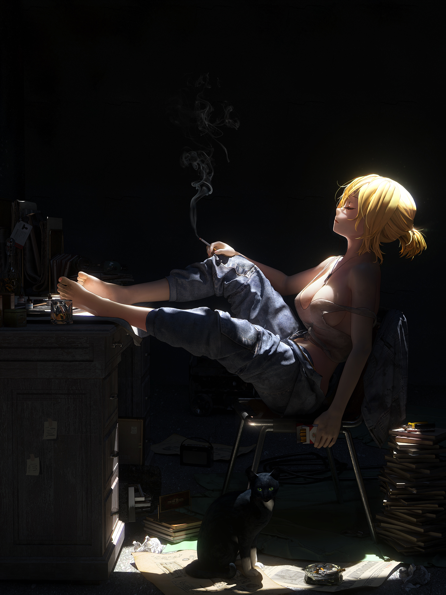 Anime 1500x2000 sitting smoking closed eyes cats cigarettes anime girls blonde barefoot sideboob cleavage see-through clothing