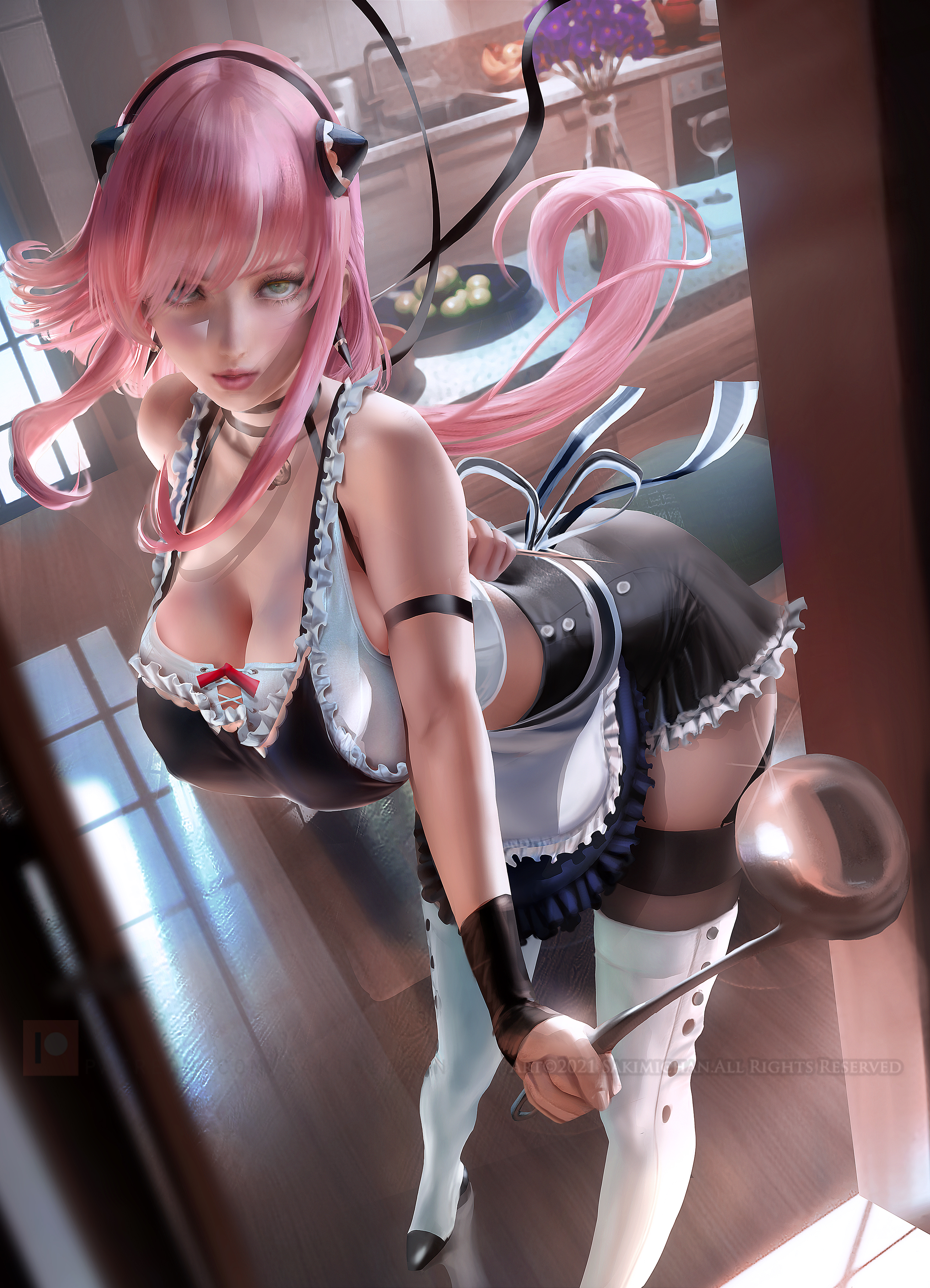 Anime 2528x3500 Anya Forger Spy x Family anime anime girls artwork drawing fan art Sakimichan maid maid outfit pink hair long hair white thigh highs black stockings stockings green eyes white boots big boobs spoon knife weapon