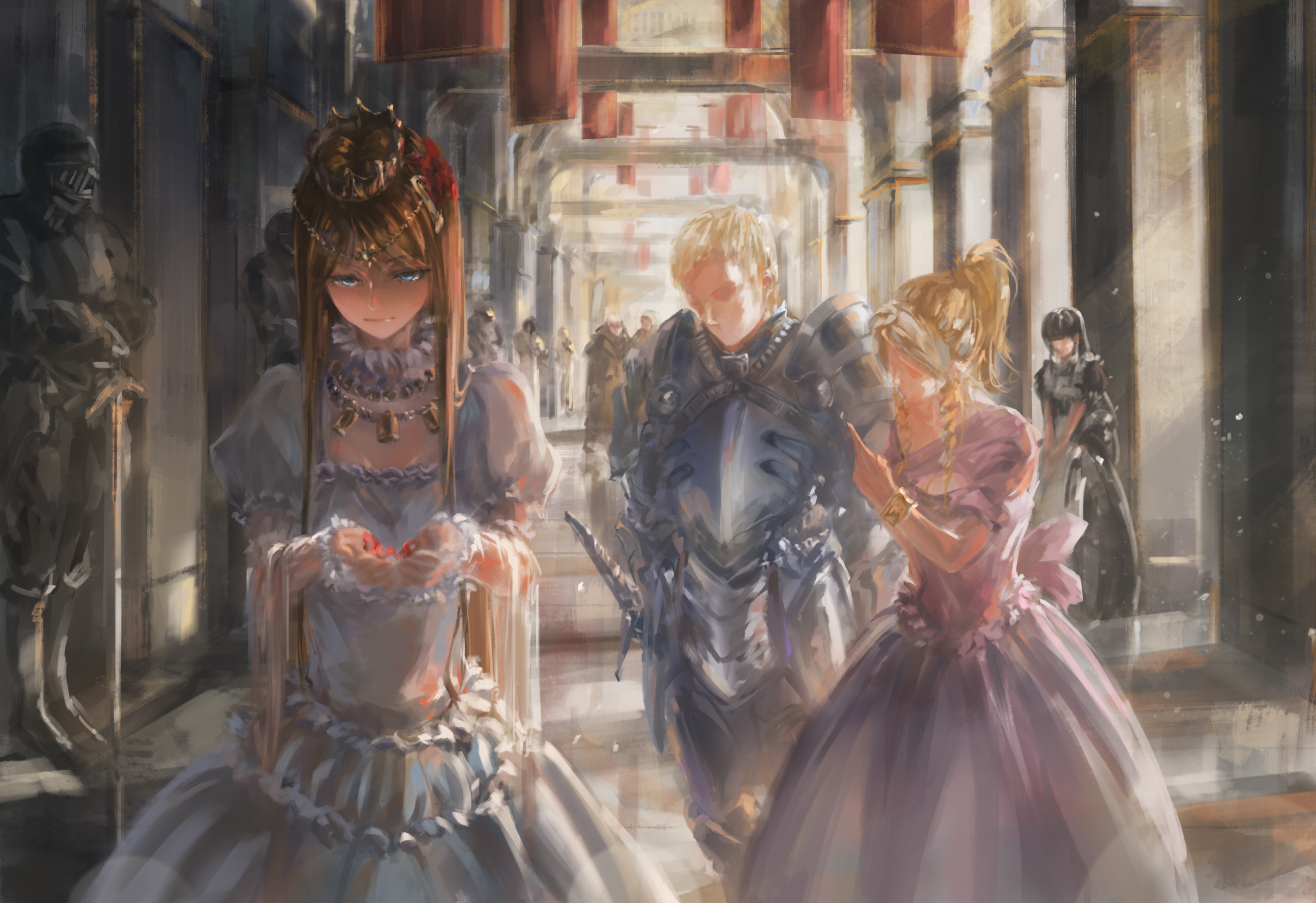 Anime 2420x1660 Overlord (anime) palace fantasy armor maid pink dress white dress princess crown small boobs cleavage blue eyes jewelry red petals ponytail long hair short hair curvy hair in face bangs Renner Theiere Chardelon Ryle Vaiself castle fan art 2D anime Song Ren knight anime girls anime boys blonde brunette