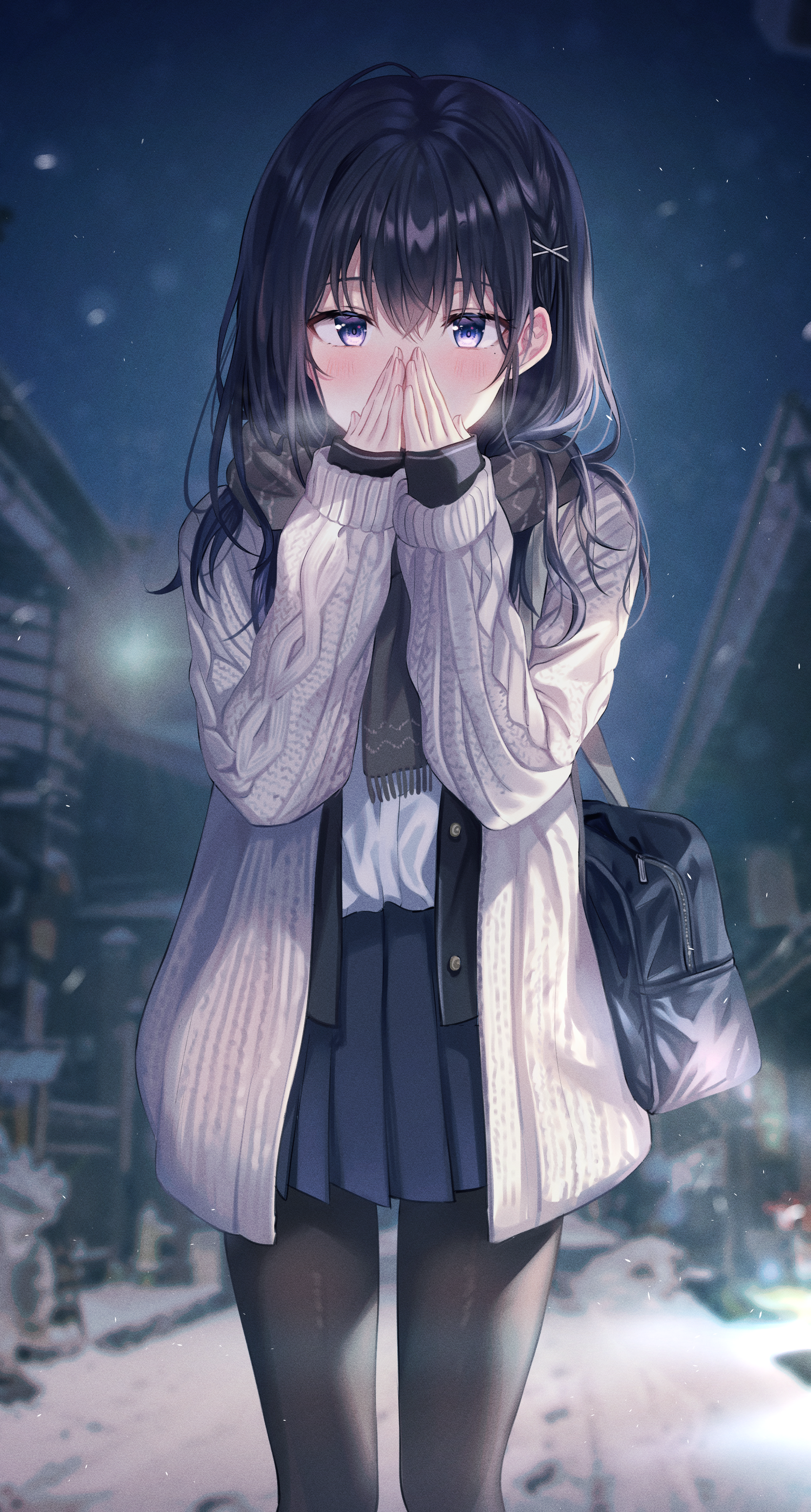 Anime 1848x3445 anime anime girls Tokkyu (artista) dark hair blue eyes blushing school uniform sweater pantyhose night winter scarf standing looking at viewer