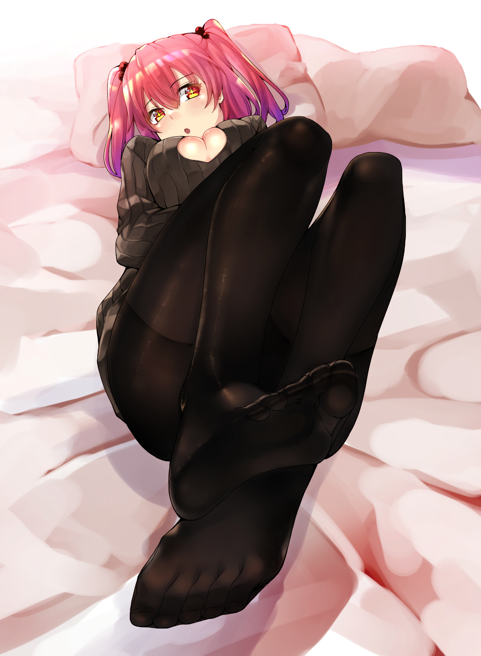 Anime 1614x2200 pantyhose anime girls anime feet sweater cleavage redhead orange eyes in bed lying on back Eiji