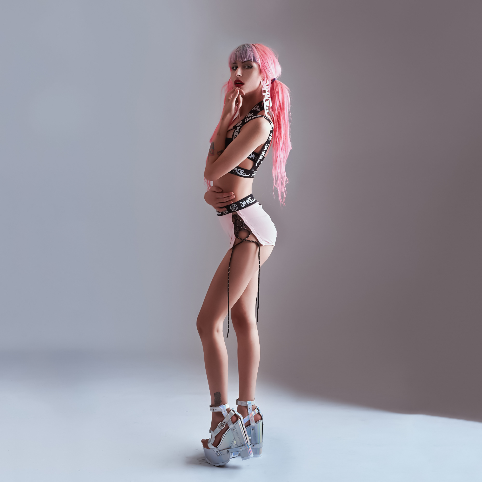People 2000x2000 Artur Kurjan women pink hair long hair twintails bangs looking at viewer straps shorts shoes high heels bra platform high heels studio slim body