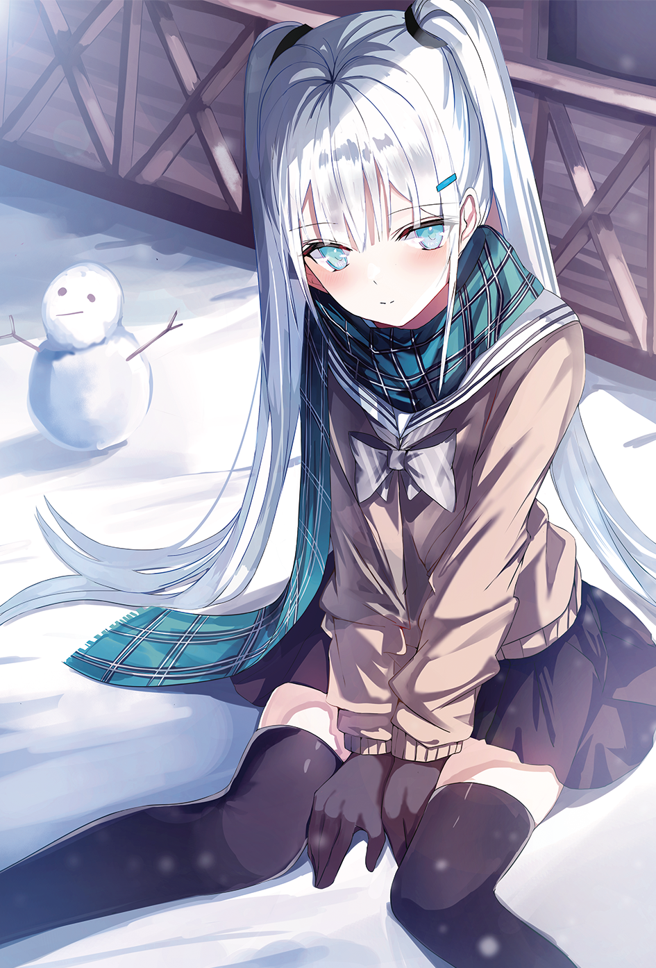 Anime 945x1394 anime anime girls digital art artwork 2D portrait display Greennight silver hair twintails blue eyes school uniform thigh-highs scarf hand(s) between legs snow snowman