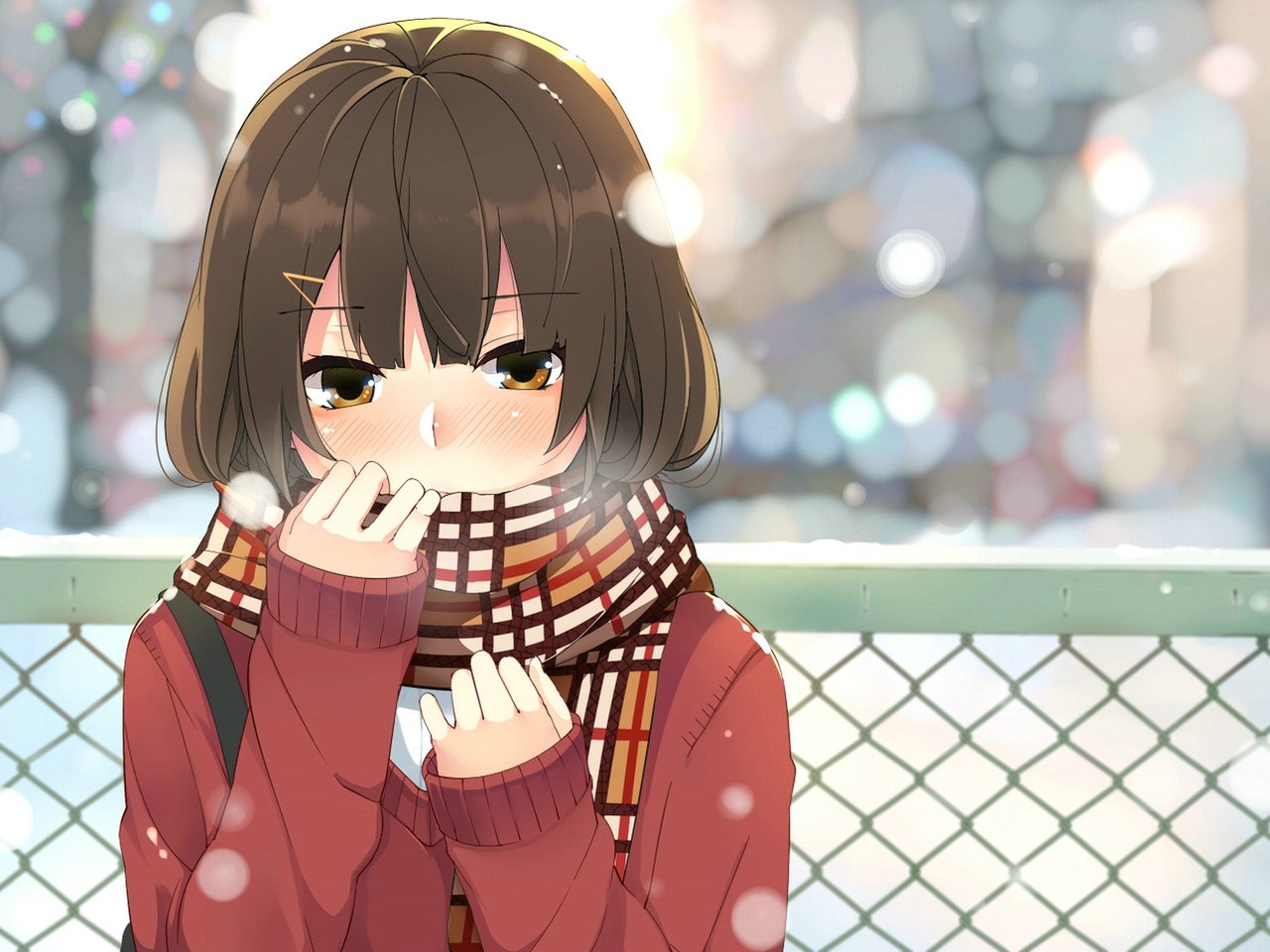 Anime 1280x960 anime girls anime Nuko snow scarf brunette brown eyes
