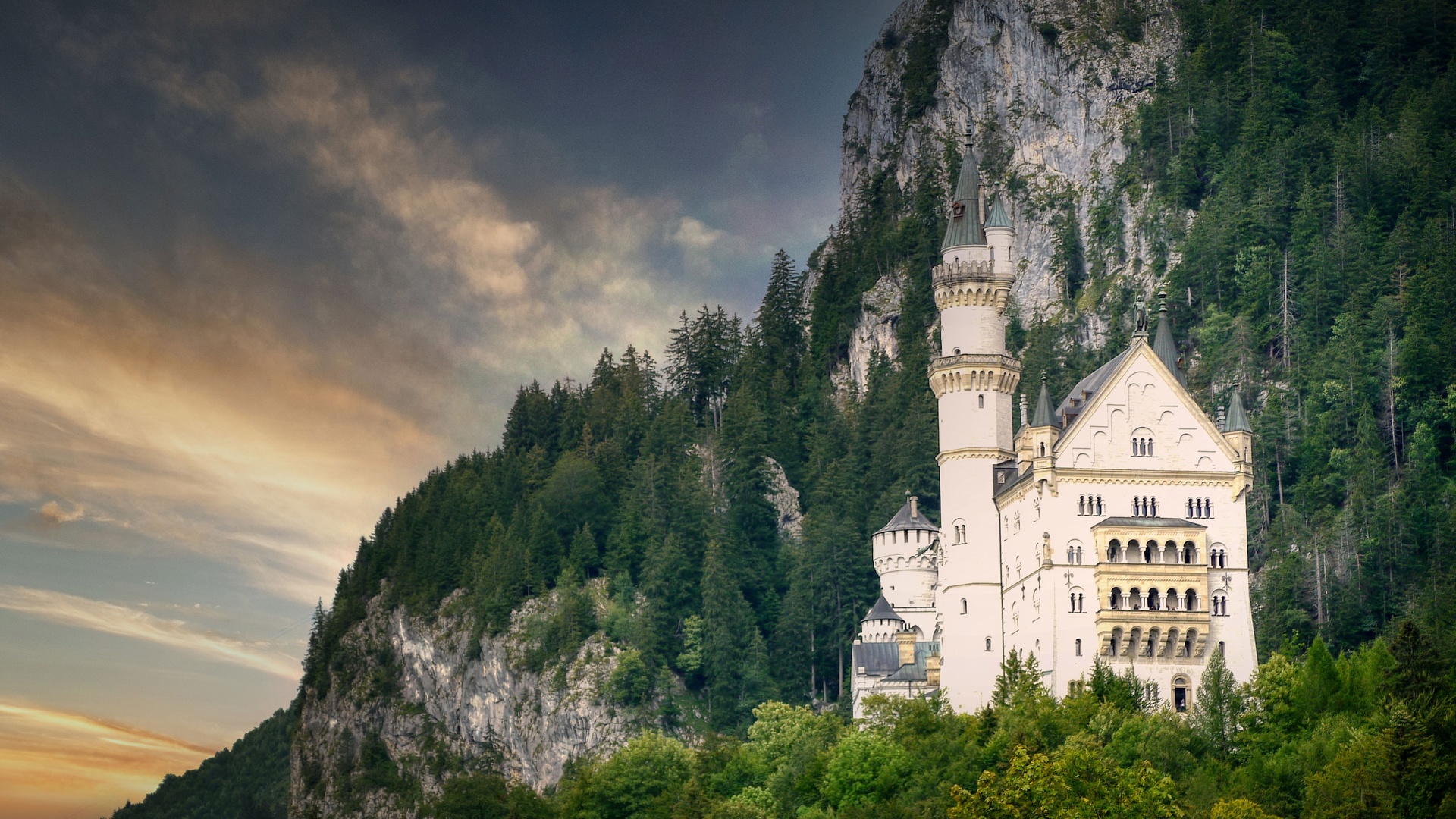General 1920x1080 architecture castle Neuschwanstein Castle Germany tower trees forest rocks clouds ancient